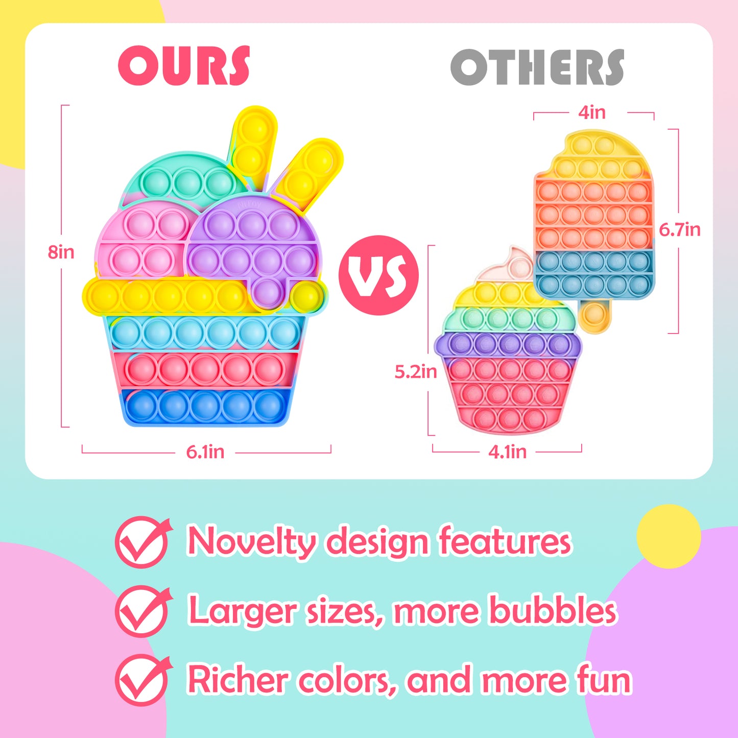 2PCS Bubble Fidget Toy - Ice Cream + Cat, Rainbow Colors