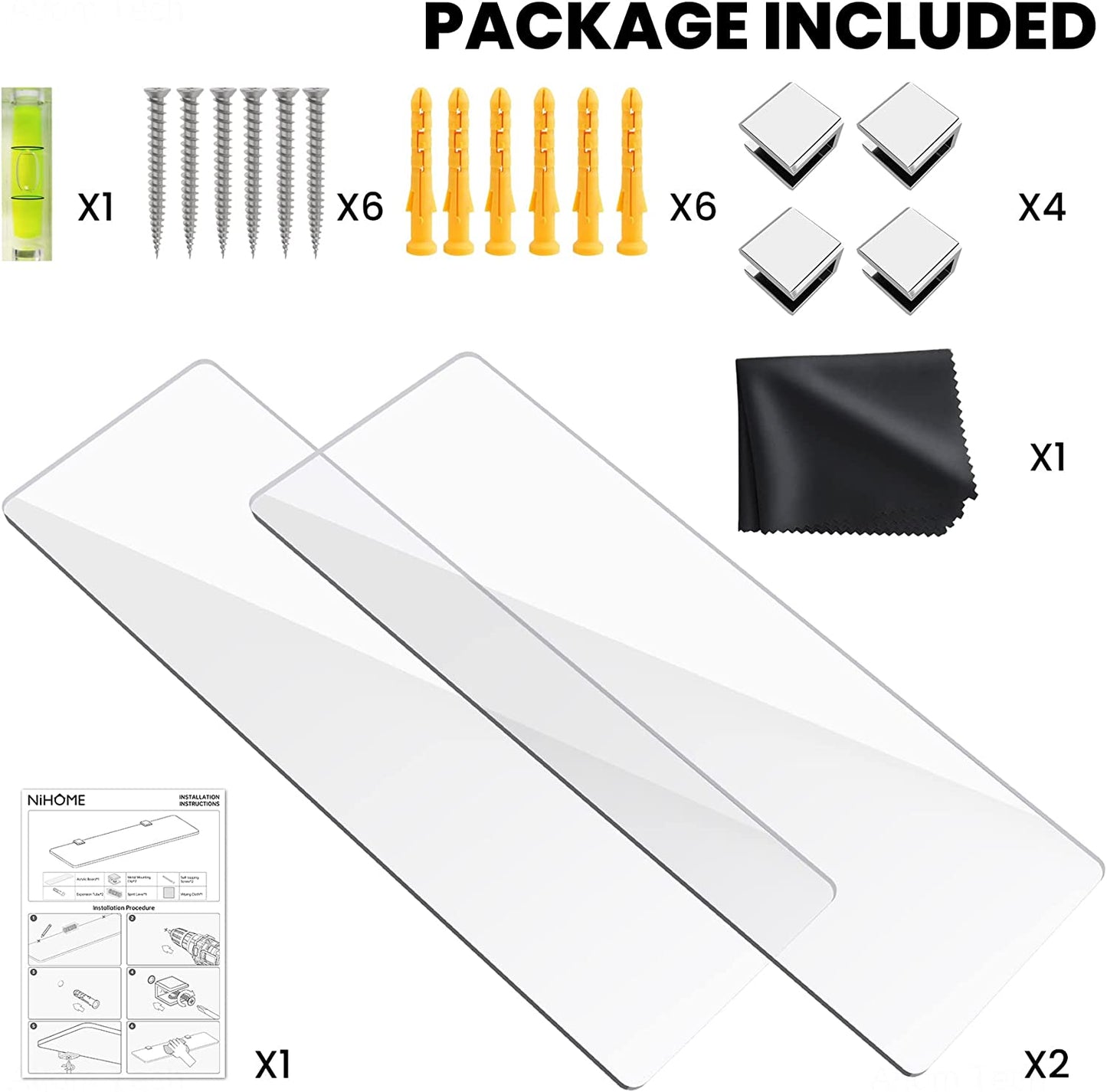 Floating Shelf Clear Acrylic 2PCS 15.7"x4.5"x0.2" Wall-Mounted Invisible Display