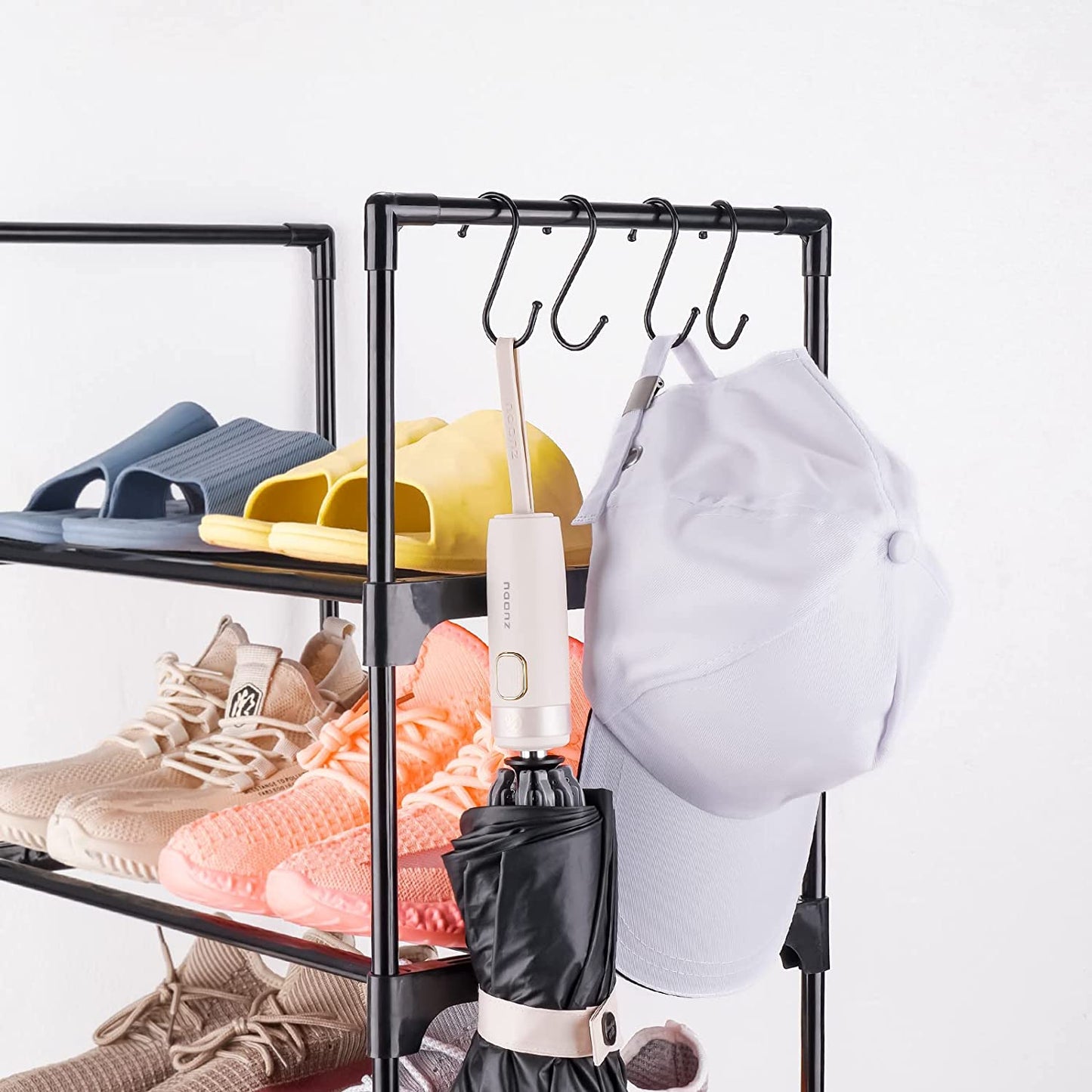 Shoe Rack 4-Tier Metal Storage Organizer Hooks Space Saving Hold 8 Pairs (Black)