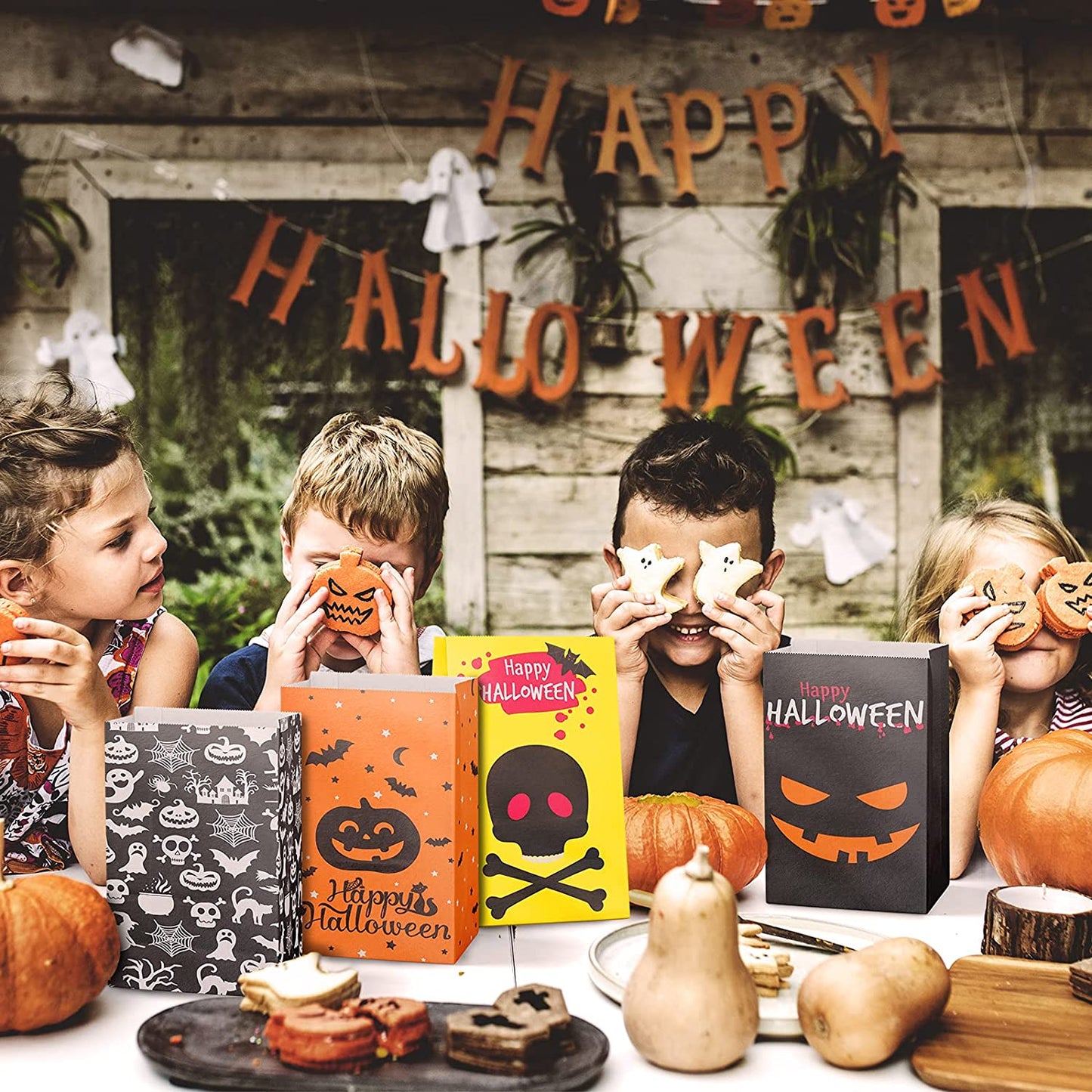 64PCS Halloween Treat Paper Bags 72PCS 1" Round Stickers Assorted Trick or Treat