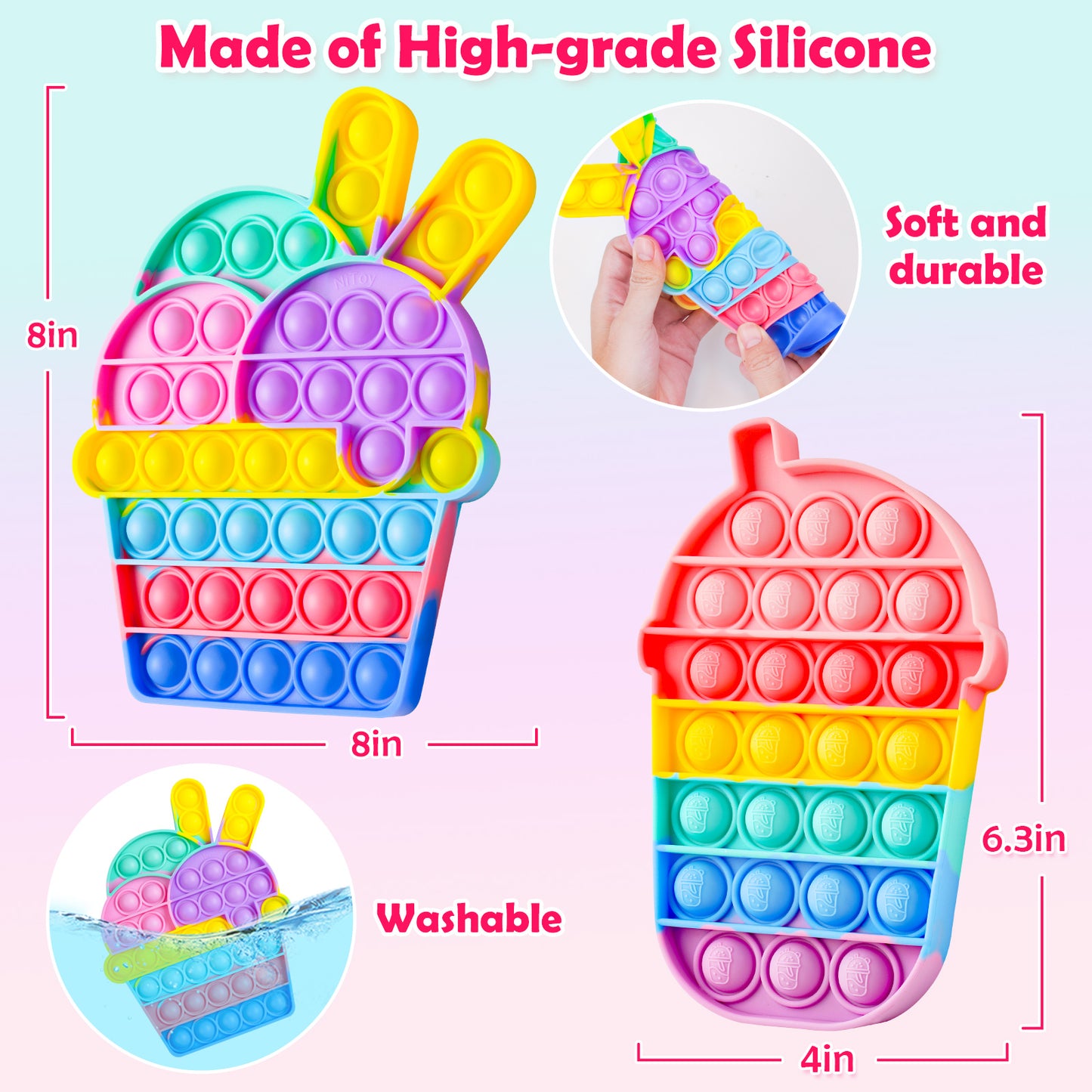 2-Pack Push Pop Bubble Silicone Fidget Sensory Toys, Large Size Multicolor Des