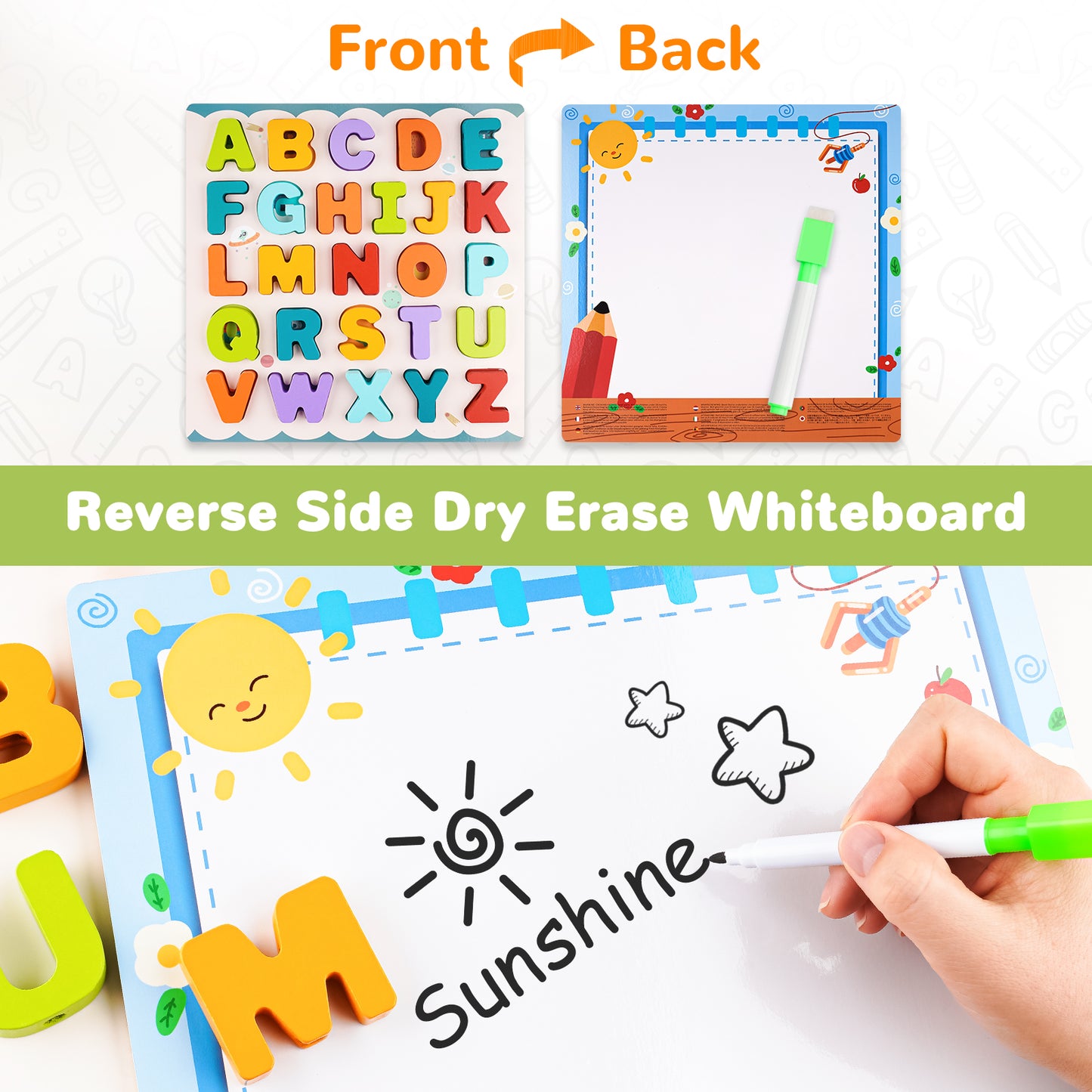 3-In-1 Wooden Alphabet Letter Block Learning Puzzle Whiteboard Lacing Toy