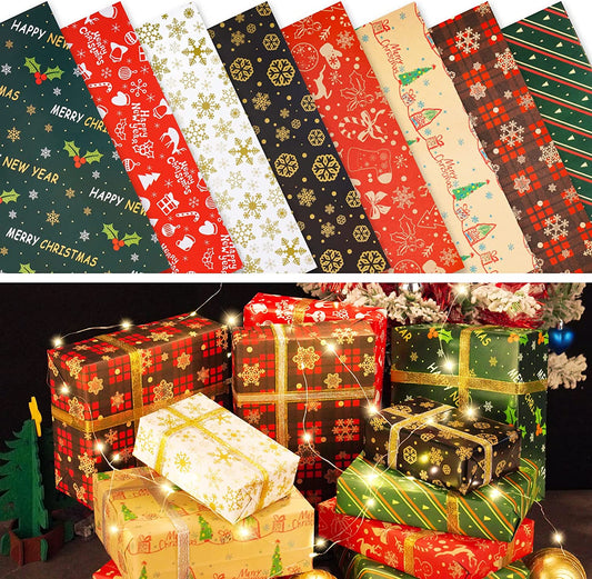 Single-Side Christmas Wrapping Paper 8PCS 28x20 Christmas Holiday Wrapping Paper