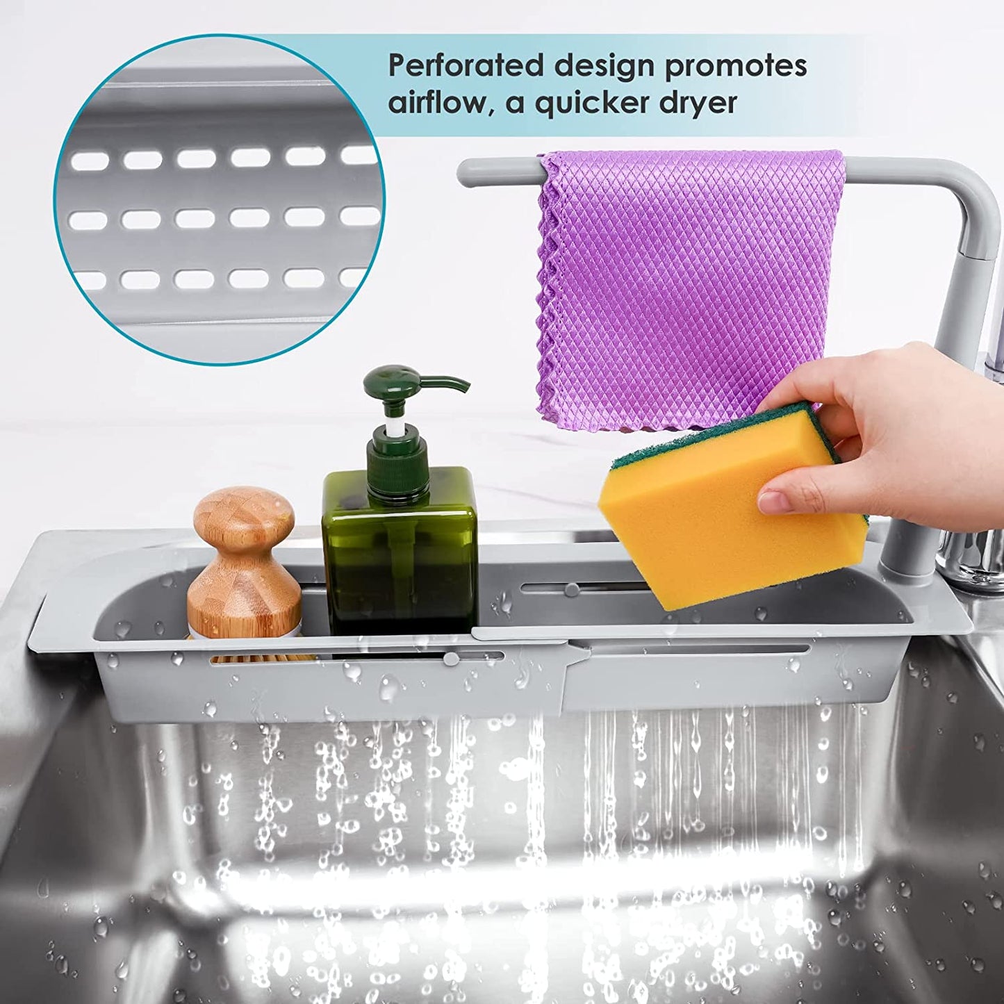 Roll Up Dish Drying Rack w/ Sink Caddy Expandable Over The Sink Dish Drying Rack