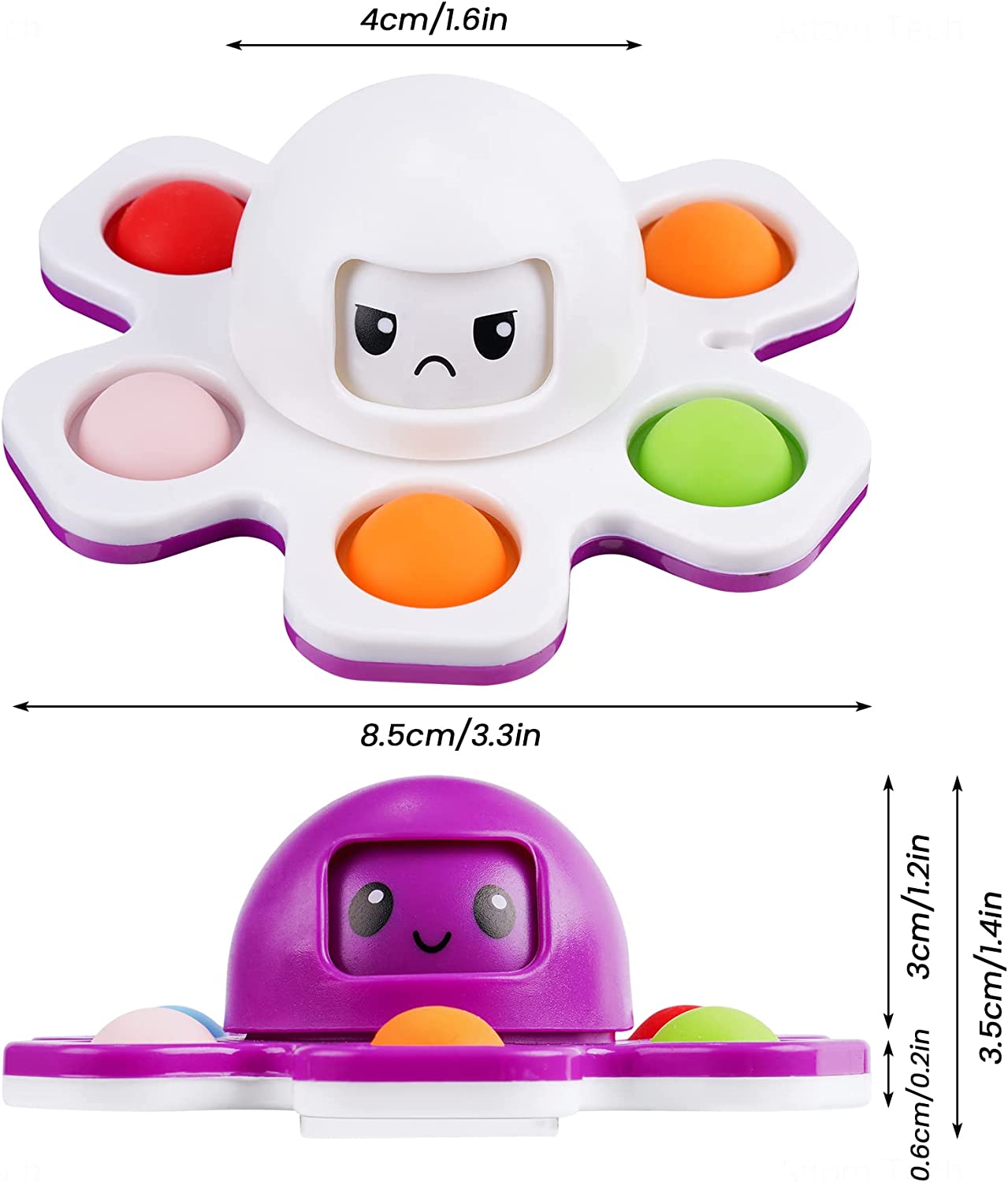 Pop Fidget Spinner 2PCS 2-In-1 Face-Changing Mini Octopus Pop Bubble Sensory Toy