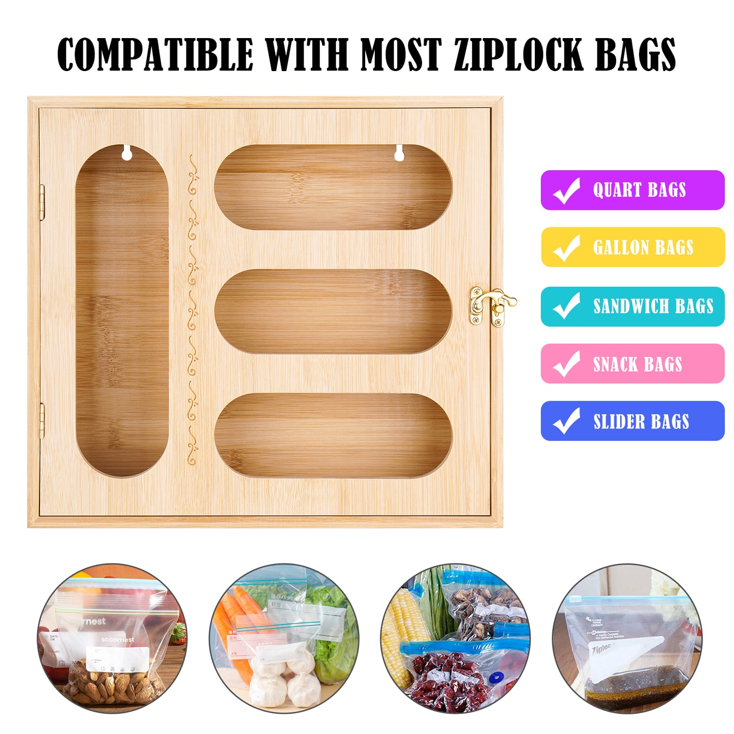 Bamboo Wood Ziplock Bag Storage Organizer with Openable Top Lid for Drawer Mar