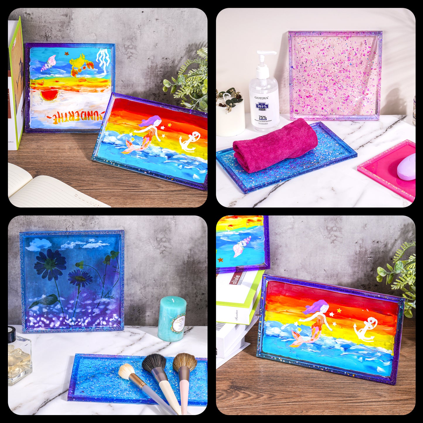 2PCS Large Rolling Trays Epoxy Resin Casting Silicone Mold Kit Rectangle+Square