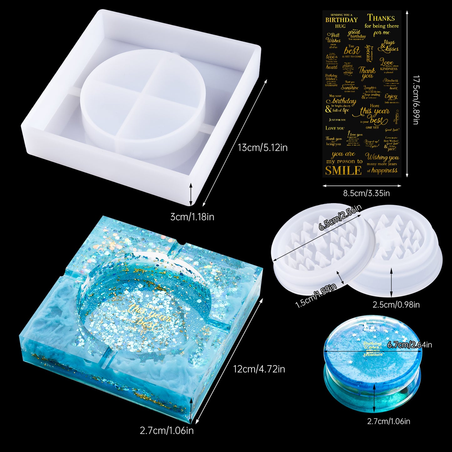 Epoxy Resin DIY Casting Silicone Mold Kit 2.87" Herb Grinder+5" Large Square A