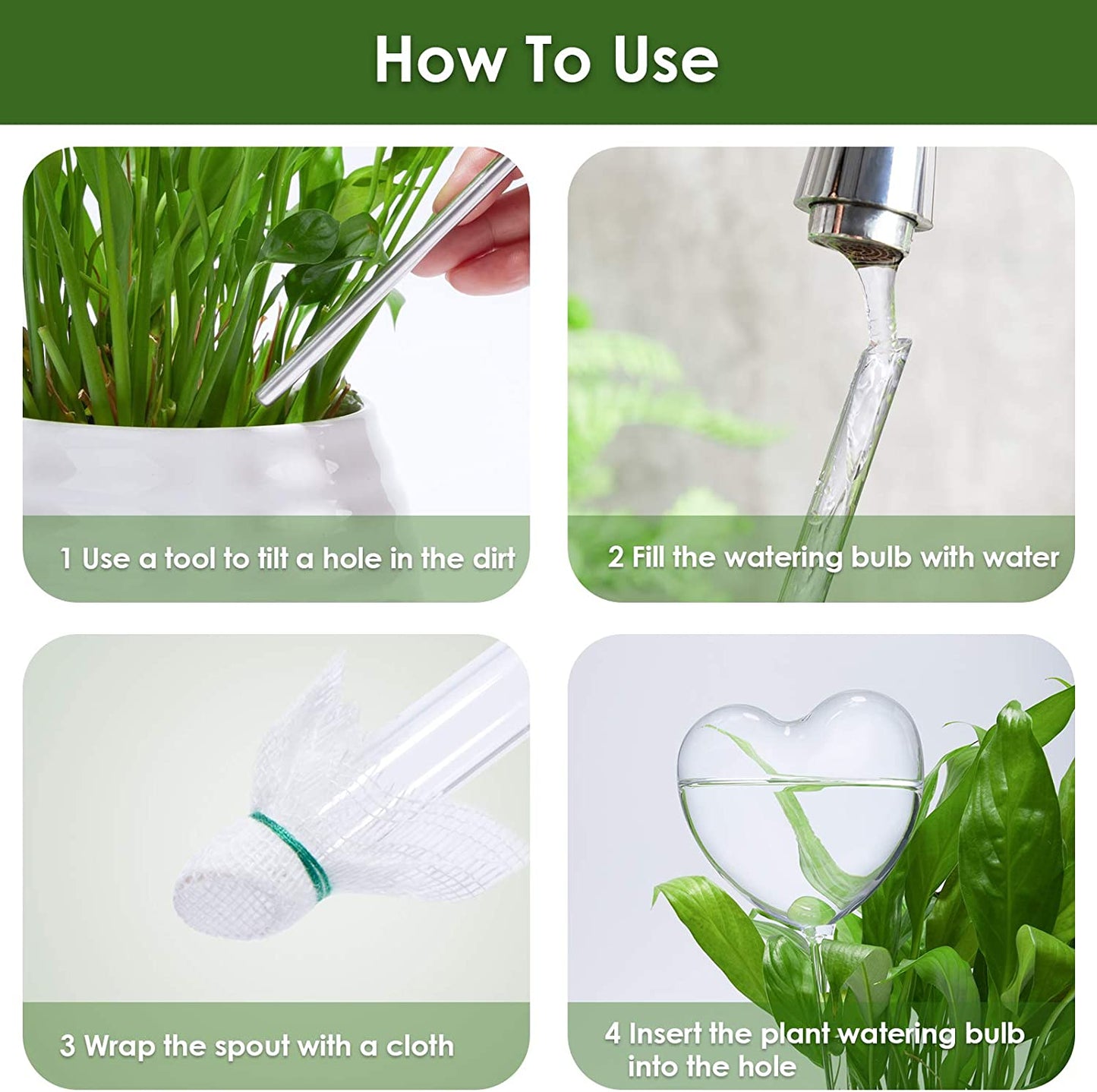 Self Watering Globes 2PC Heart-Shaped Plant Clear Glass Watering Stake Aqua Bulb