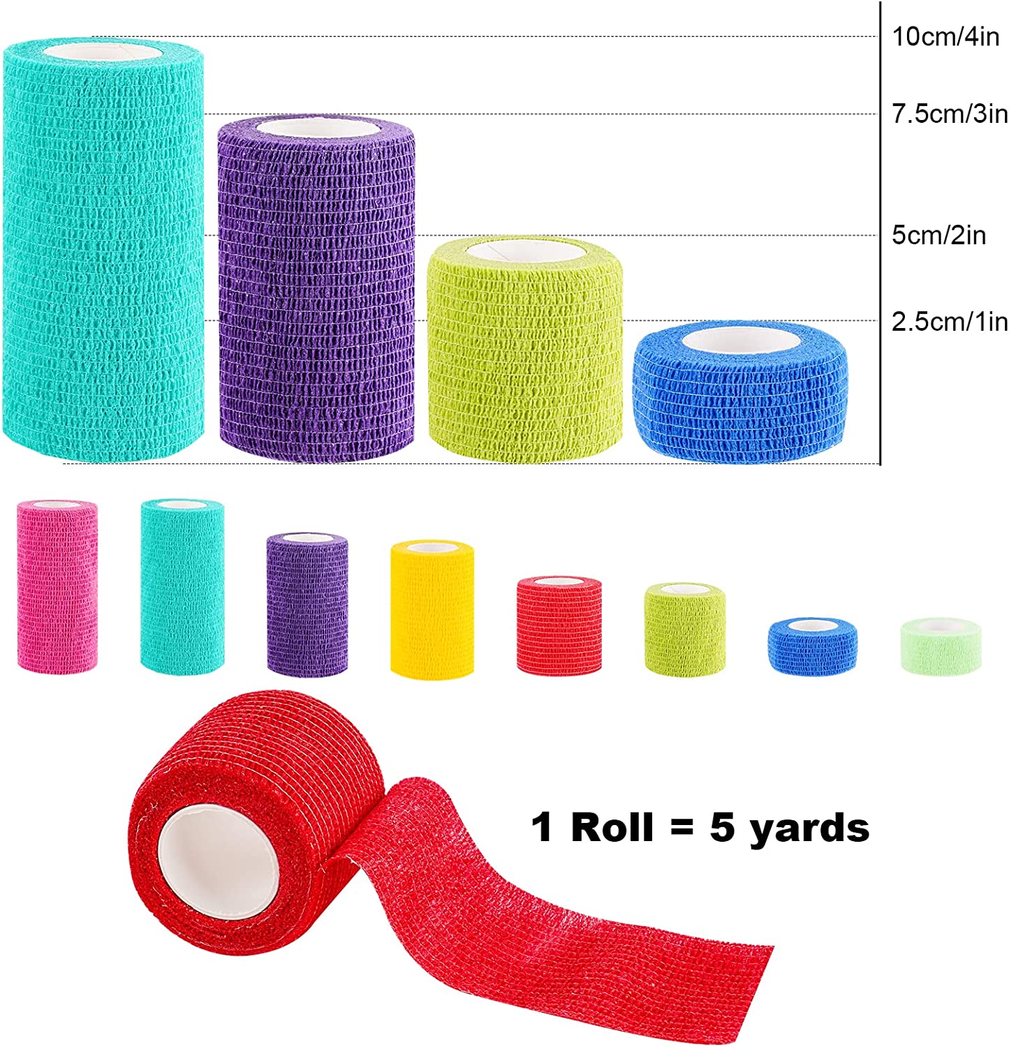 8PCS Self-Adhesive Cohesive Bandage Elastic Wrap 5-Yard 1"/2"/3"/4" Mix Colors