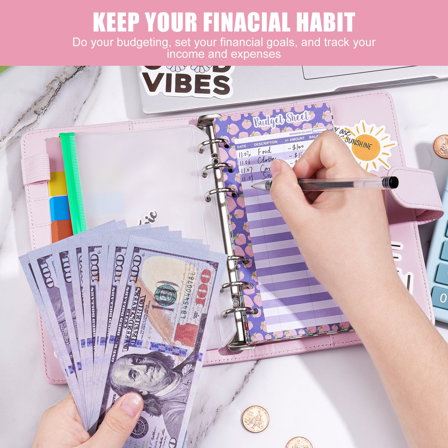 A6 PU Leather Magnetic Buckle Loose Leaf Budget Binder Set, Budget Planner Org