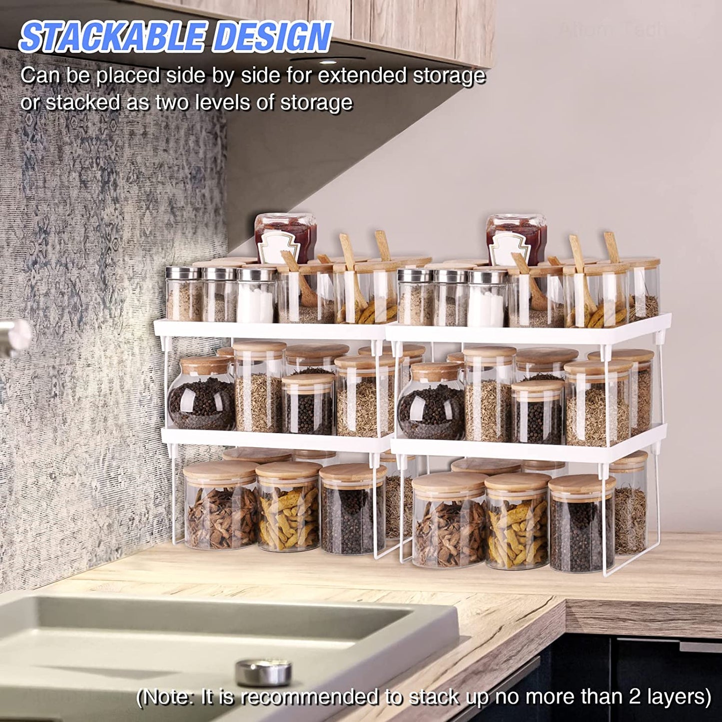 Stackable Plastic Kitchen Storage Shelf Foldable Rack 4-Pack Cabinet Organizer