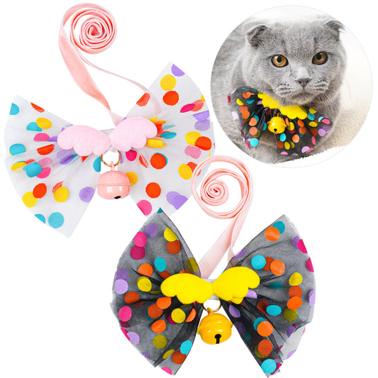 Cat Dog Collars with Bow Tie & Bell 2PCS Pet Safety Mesh Lace Colorful 2 Colors