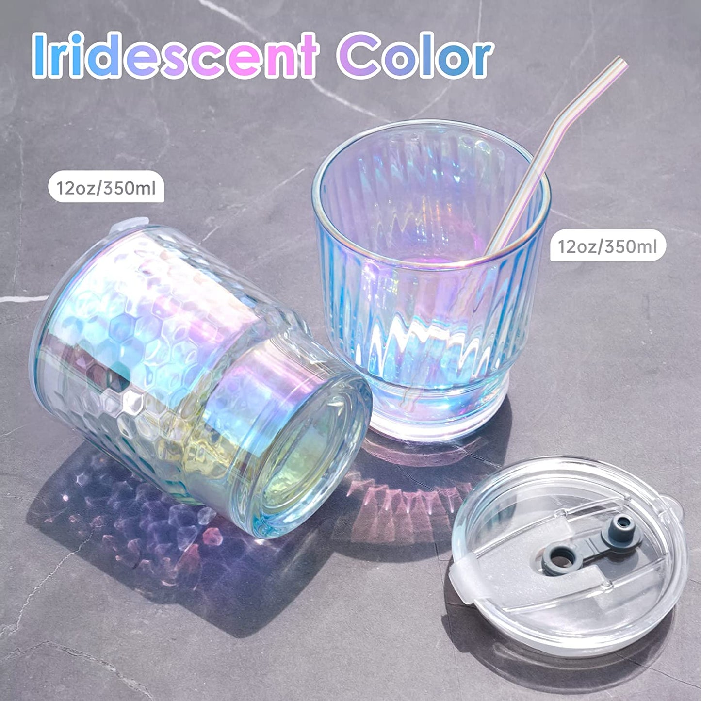 Drinking Glasses Plastic Silicone Lid 4 Glass Straw 2 Brush 8PC Set 12oz Tumbler