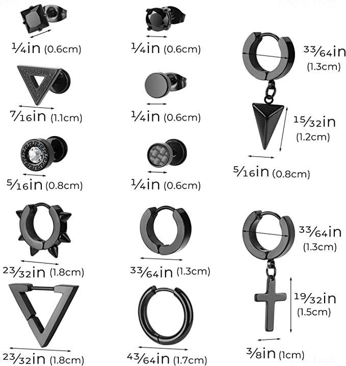 Earrings Men 12 Pairs Black Stud Hoop Earrings Hanging Earrings Stainless Steel