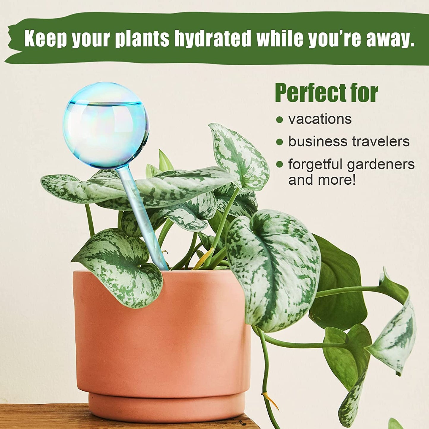 Aqua Spike Self-Watering Bulb 2PC 10" Iridescent Pearl Glass Globe Plant Waterer