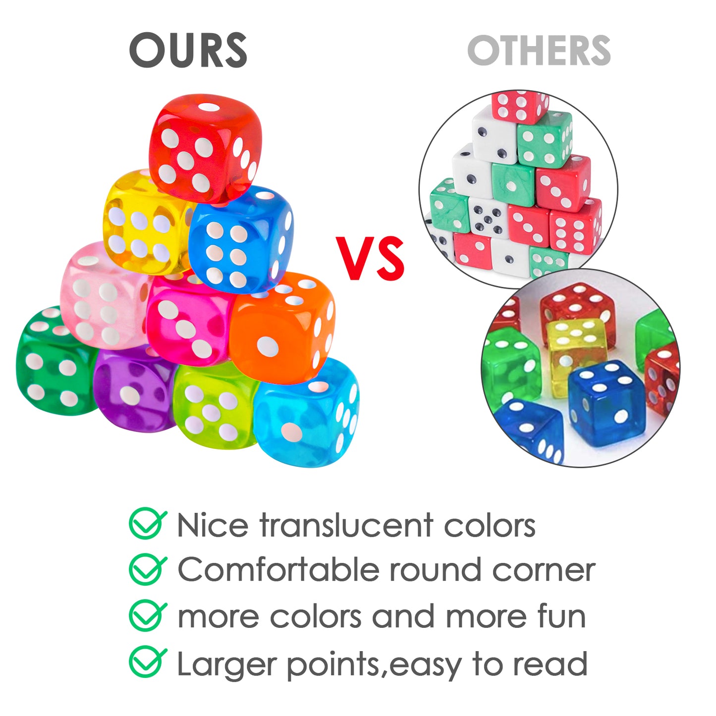 50PCS 14MM Game Dice Set, Solid 6-Sided Translucent Vintage Colors Rounded Cor