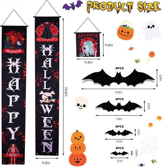 Happy Halloween 3PCS Hanging Banner Couplet 28PCS 3D Bat Wall Stickers Kit Decor