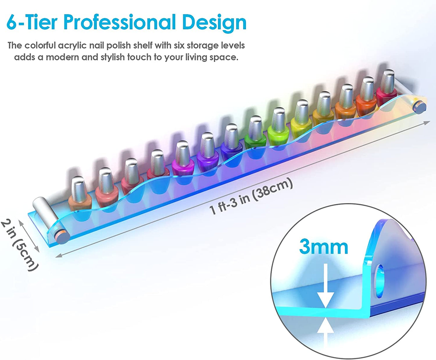 Iridescent Acrylic Wall Mounted Floating Shelf Nail Polish Organizer 6PCS 15"x2"