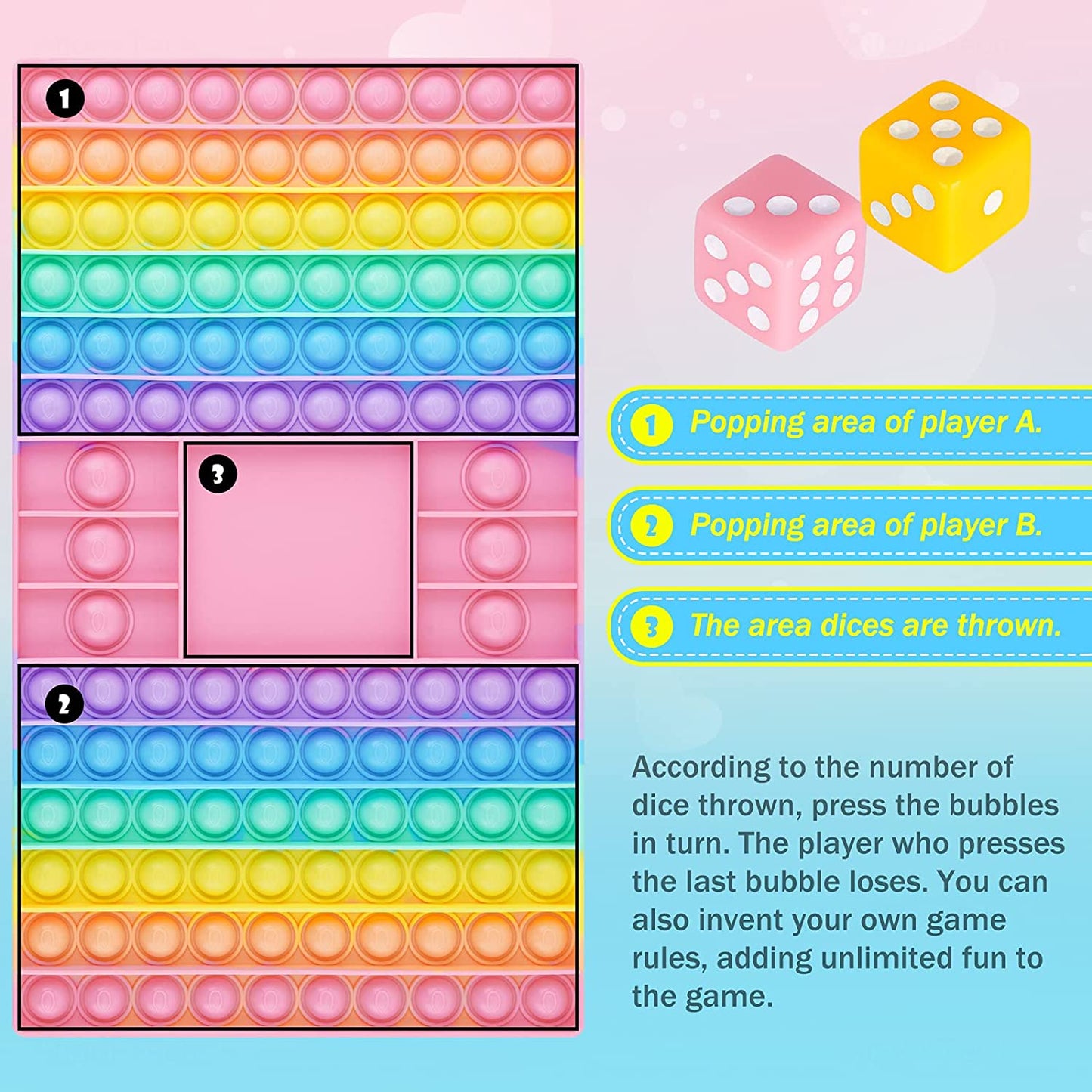 Silicone Push Pop Bubble Game Pad 2PCS Dices Glitter Rainbow Multi-Colors 12.7x7