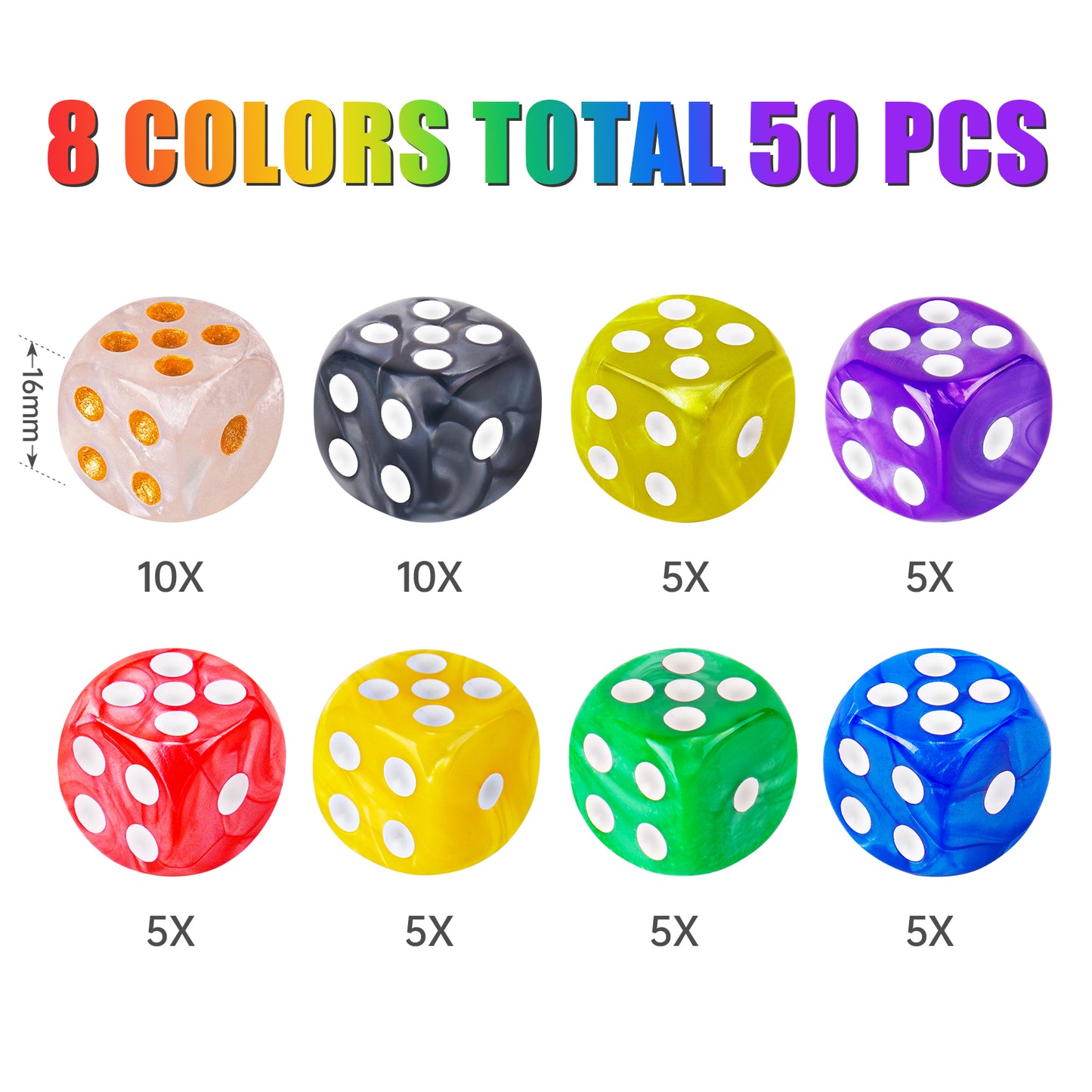 50-Pack Pearl Colors 16MM Round Corner Game Dice Set, 6-Sided Solid Multicolor