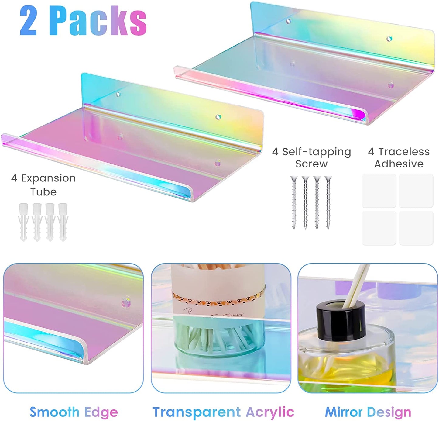 Iridescent Acrylic Floating Shelves with Edge 2PCS Medium Wall Mounted 7.9"x4.5"