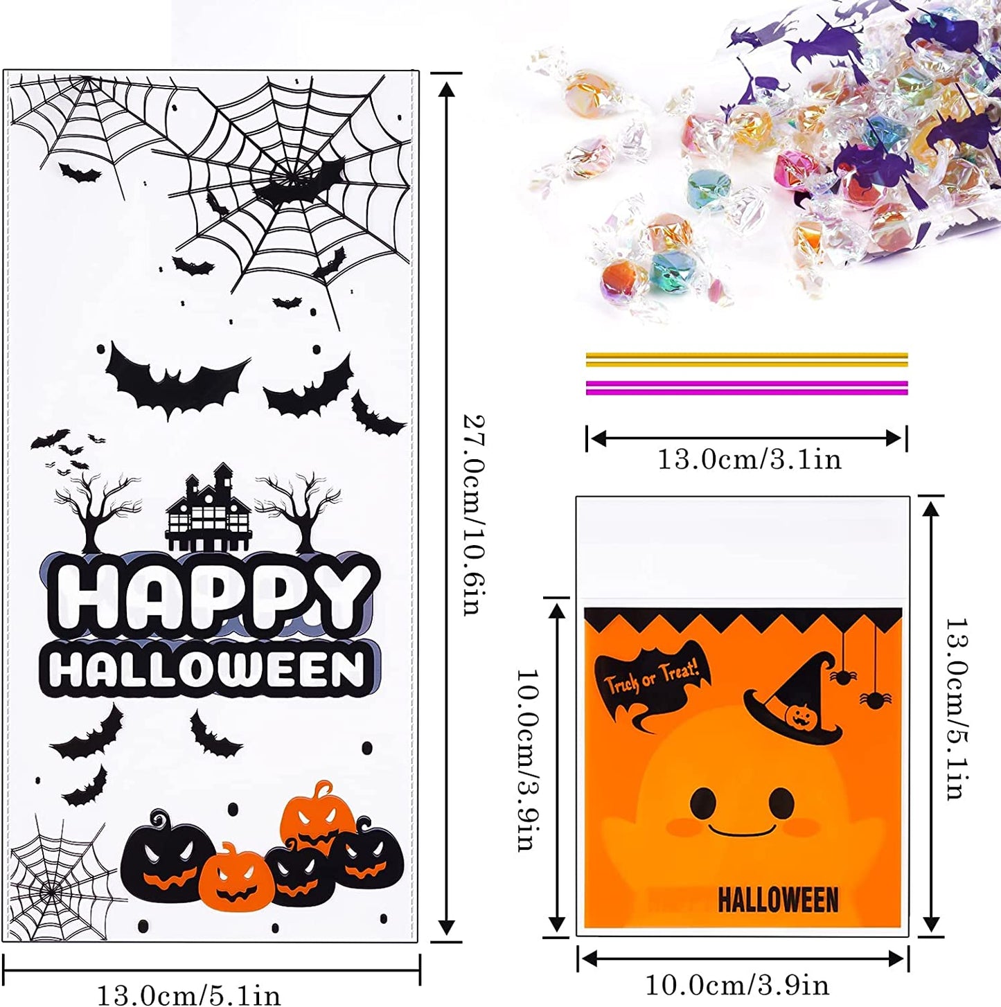 200PC Halloween Cellophane Bags Halloween Clear Cellophane Candy Gift Treat Bags