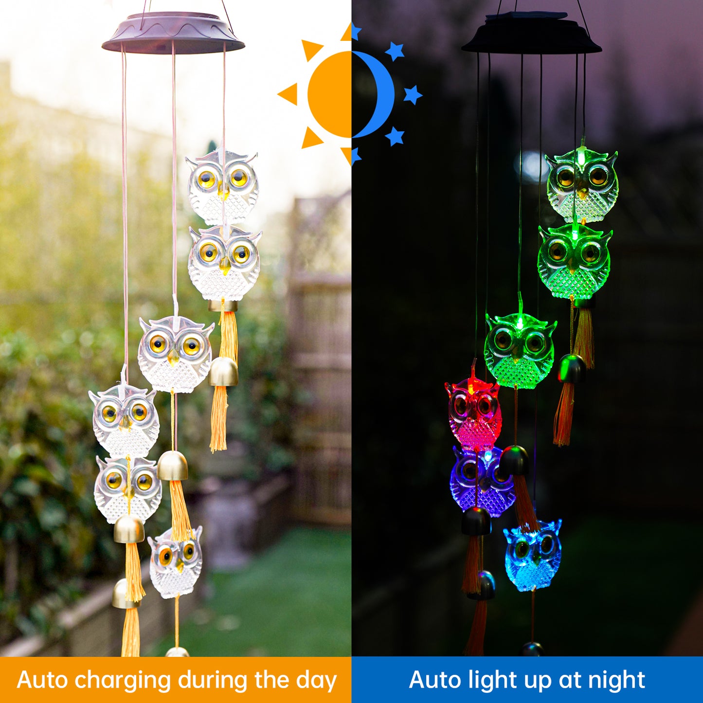 Solar Wind Chimes Changing Colors Owl, Memorial Wind Chimes Waterproof for Out