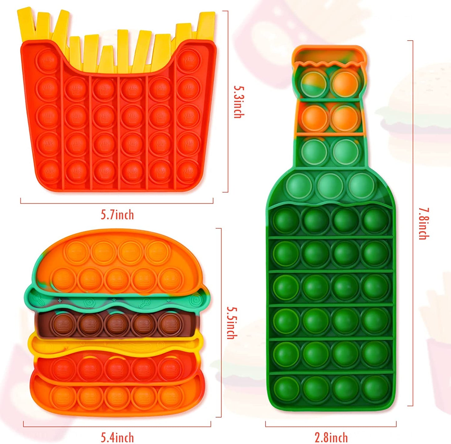 Silicone Pop Bubble Fidget Toy 3PCS Fast Food Shapes Sensory Toys Stress Reducer
