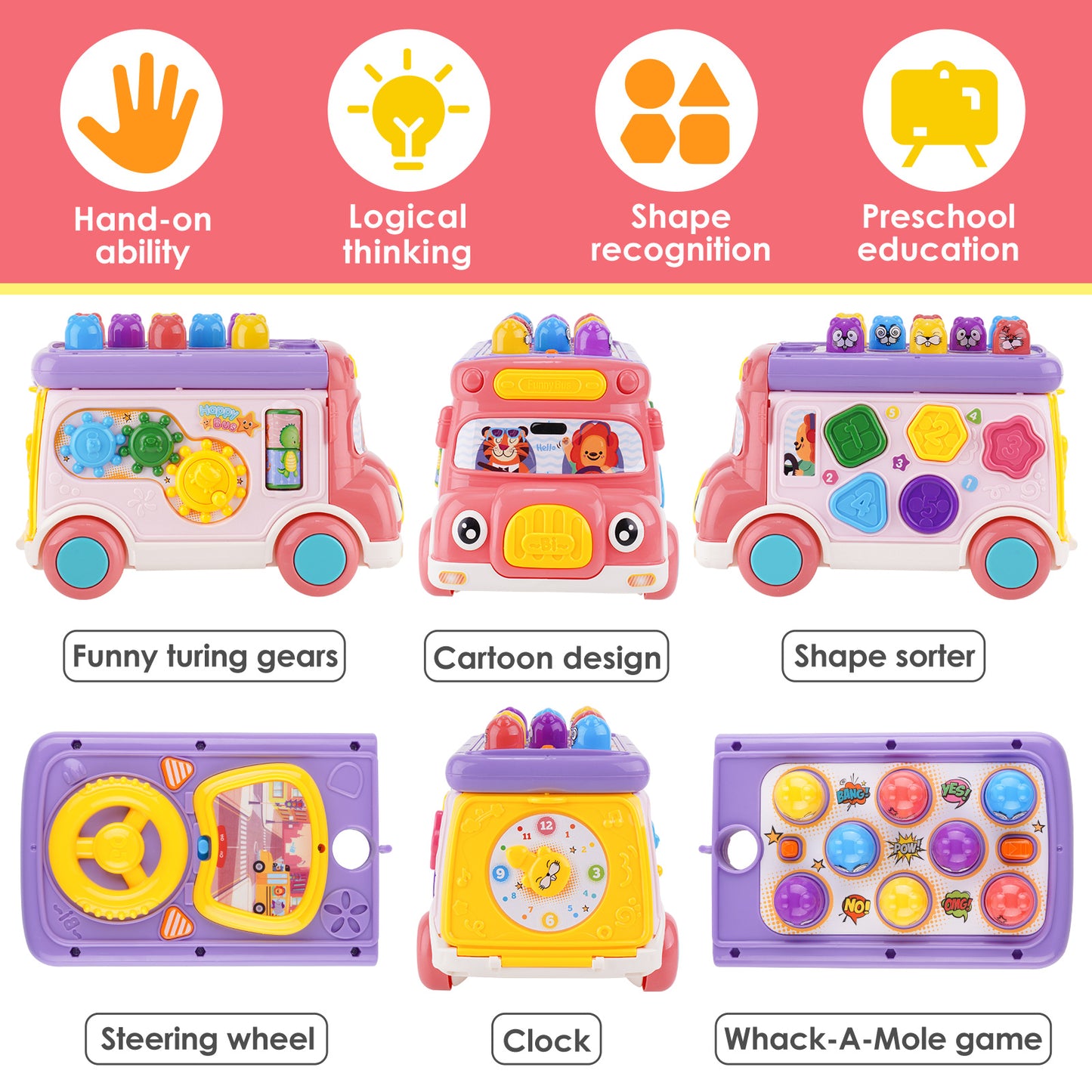 Pull Bus Toy with Lights & Sound, Musical Learning Toys Shape Sorter