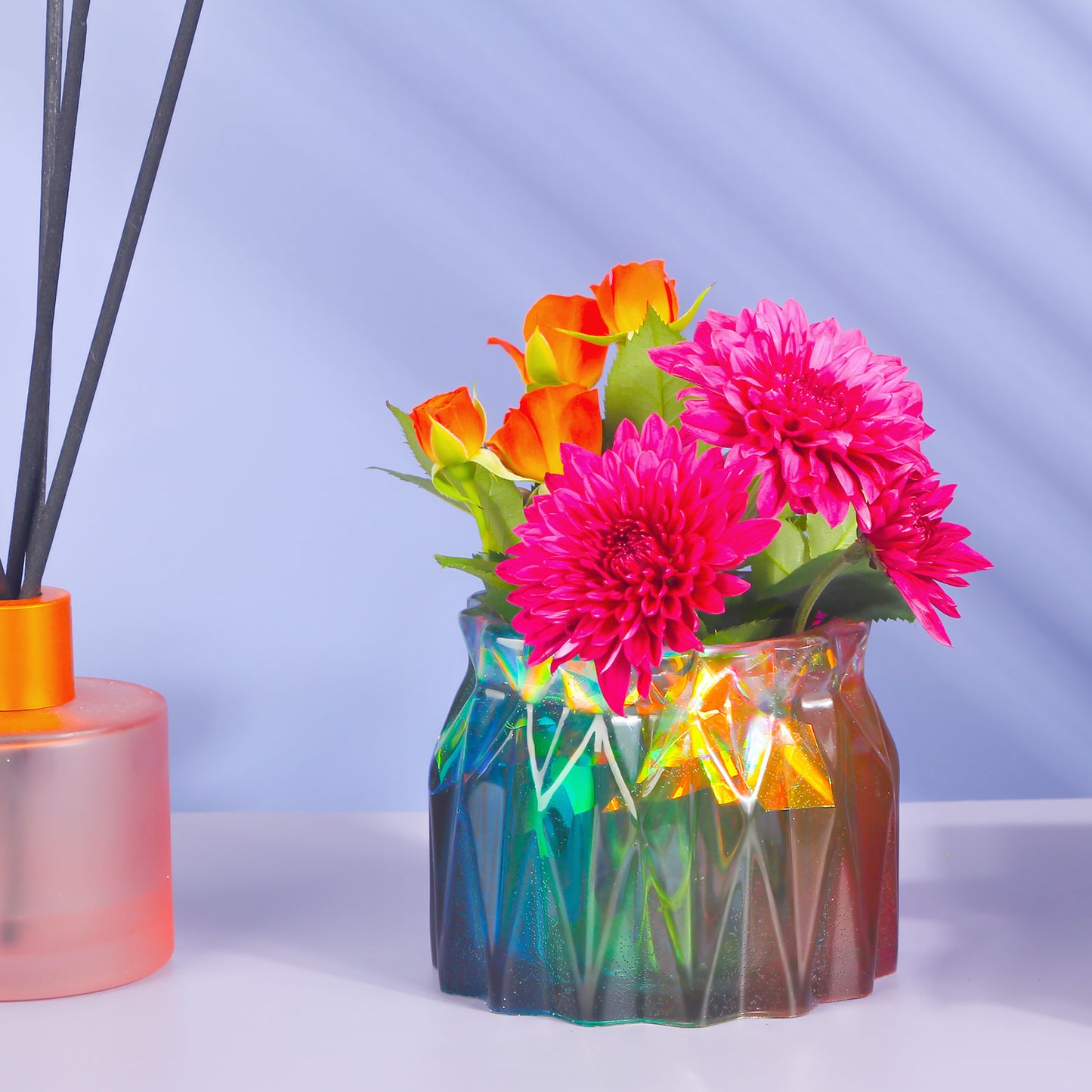 Epoxy Resin Diamond Faceted Vase DIY Casting Silicone Mold Kit+Glitters, Flowe