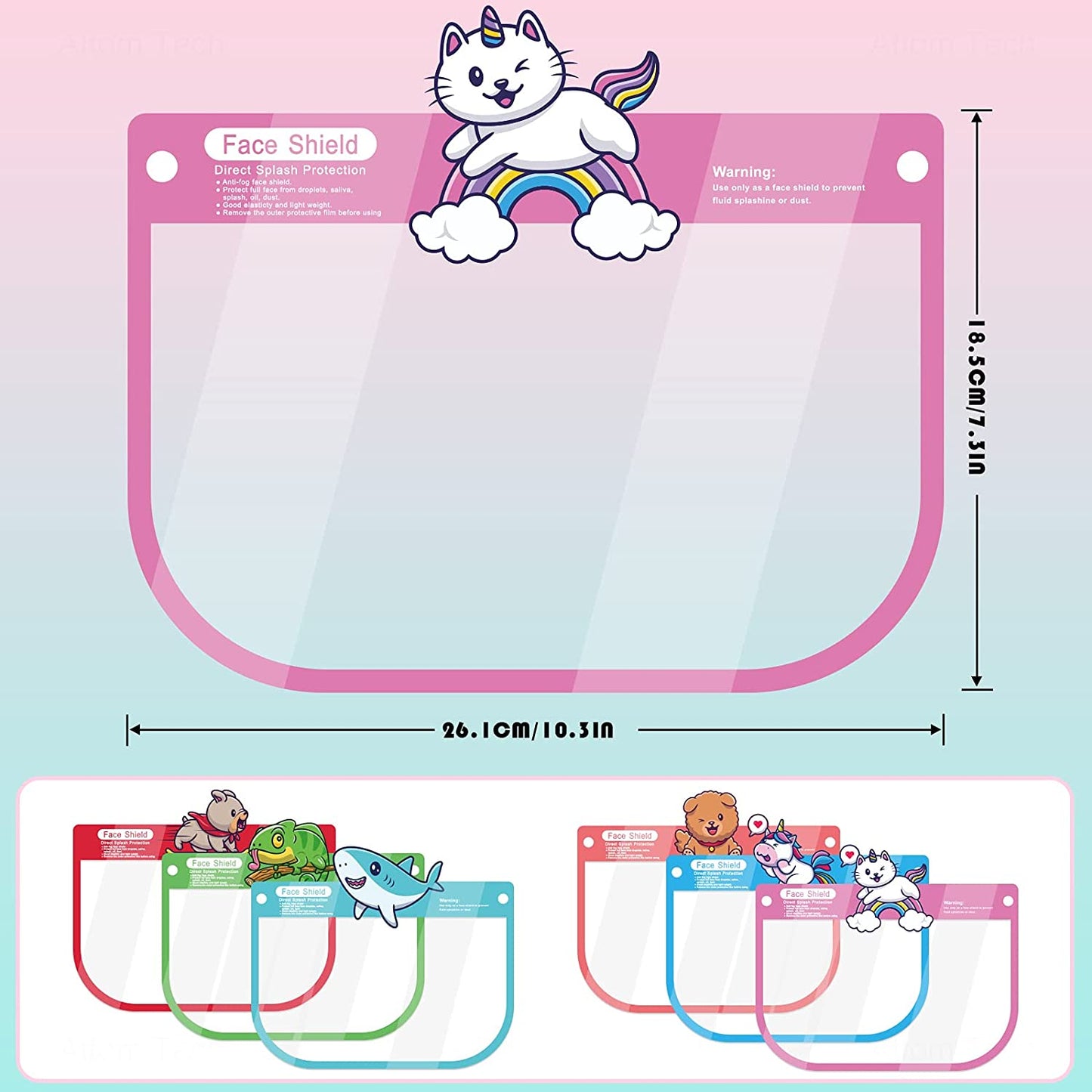 6PCS Kids' Protective Safety Face Shields Reusable Clear Cover Cartoon Designs-B
