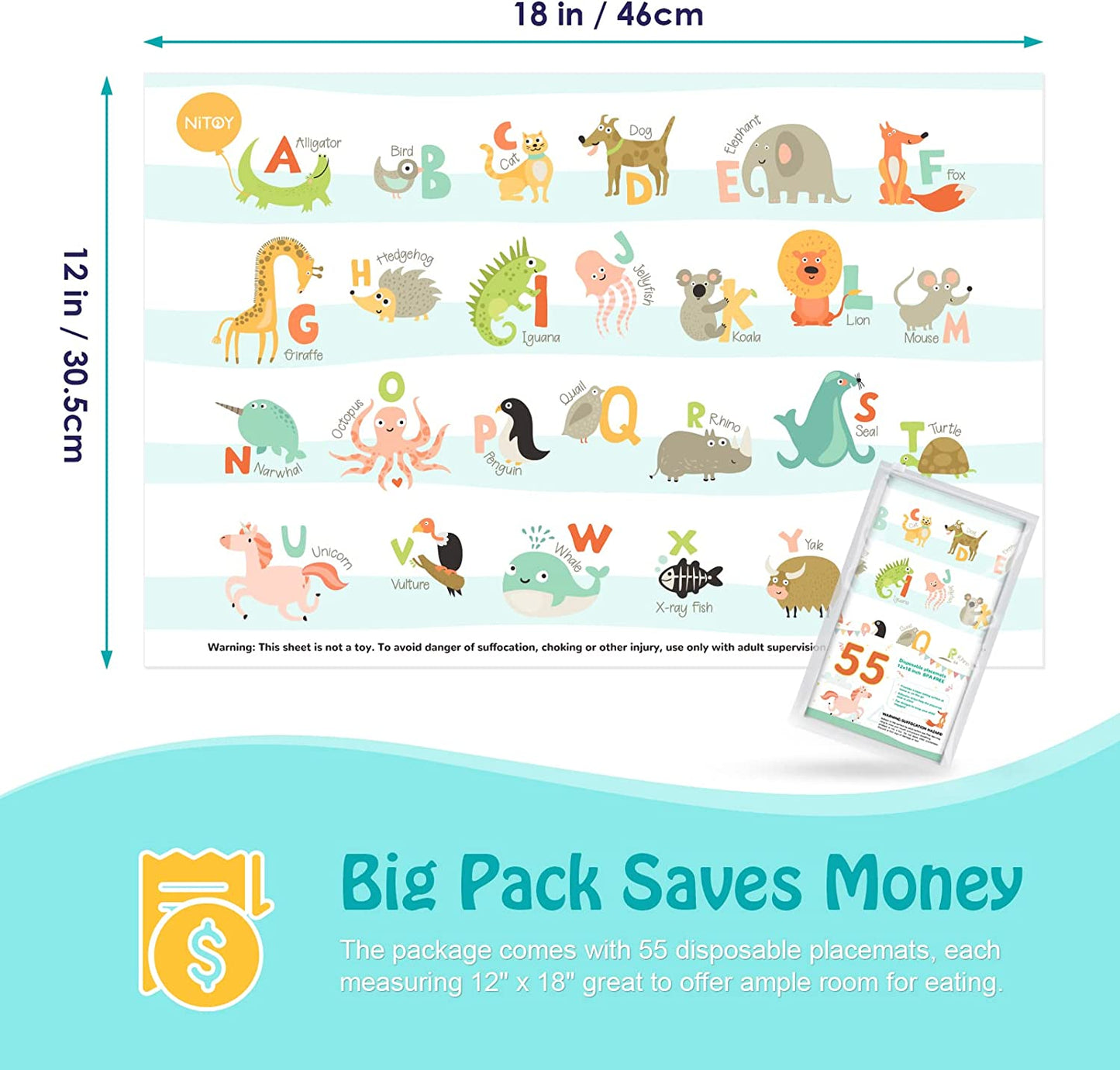 Disposable Placemats 55PCS Baby Stick On Table Mat 12x18 Learning Alphabet ABC