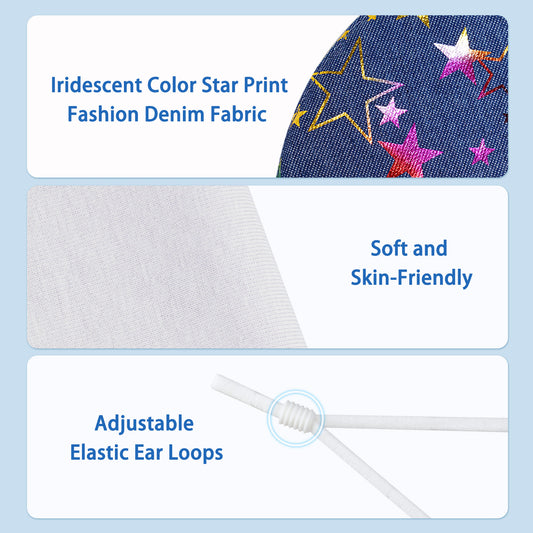 2PCS Protective Blue & Black Fashion Denim Washable Iridescent Multi-Color Star