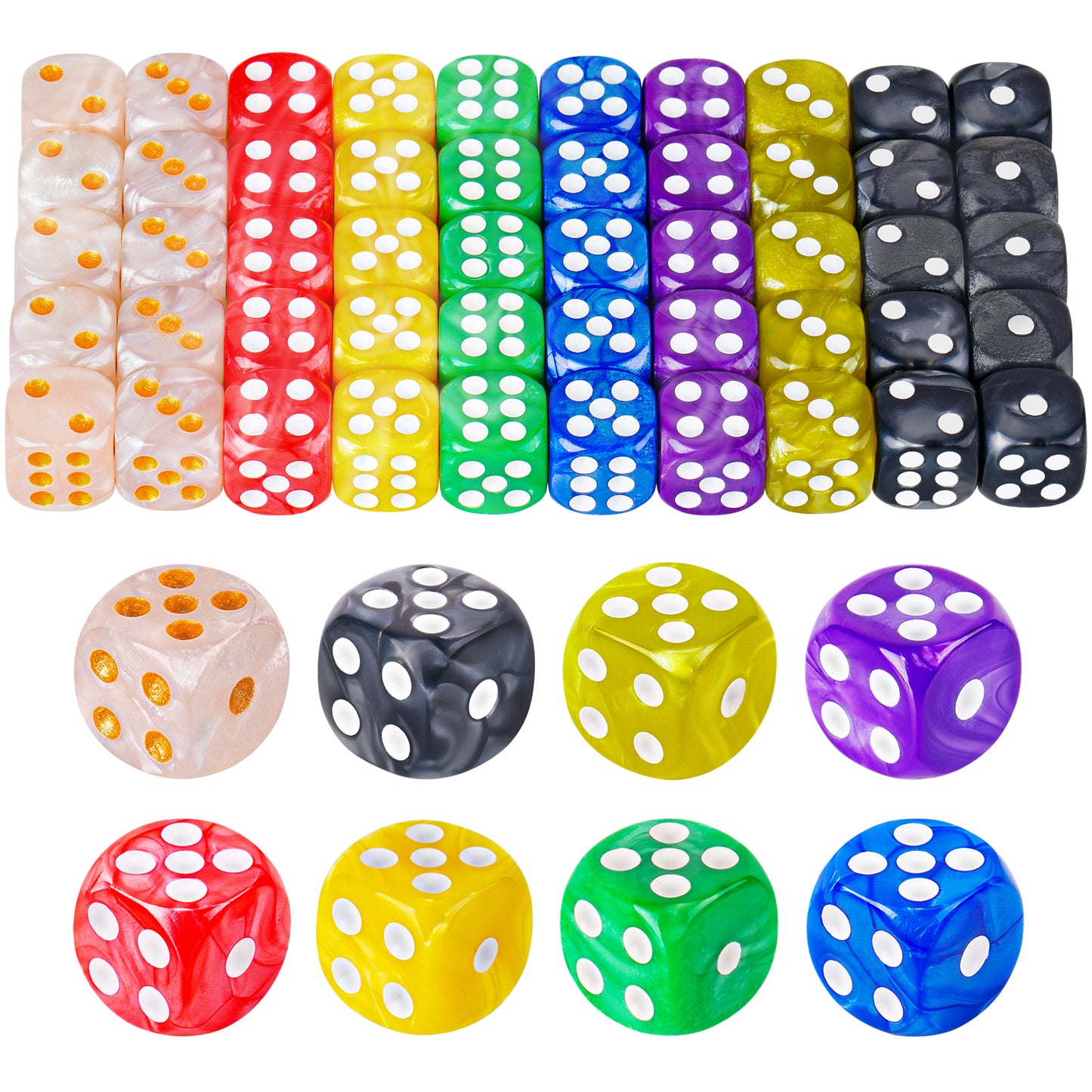 50-Pack Pearl Colors 16MM Round Corner Game Dice Set, 6-Sided Solid Multicolor