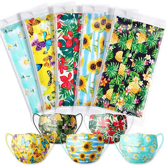 50PCS Adult Disposable 3-Ply Individually Wrapped Mixed Summer Floral Patterns