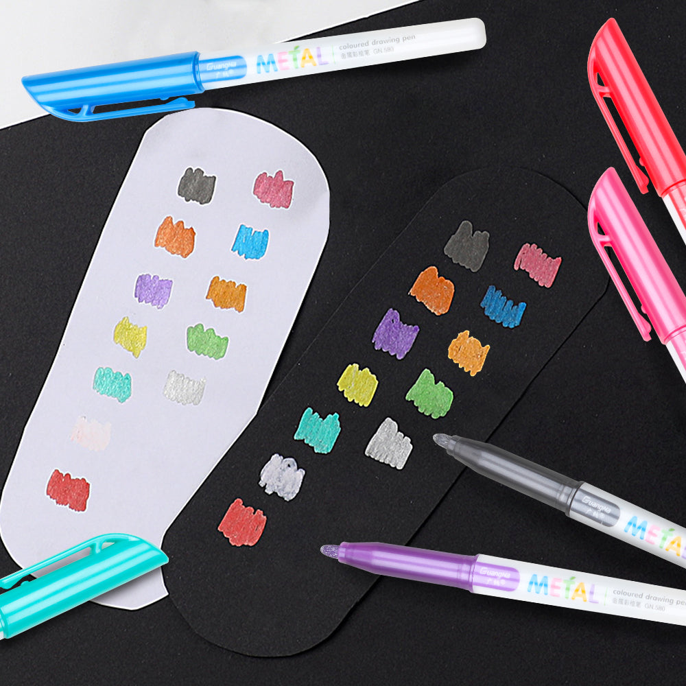 Metallic Marker Pens 12 Assorted Color 2mm Fine Tip, Sheen Glitter Painting Pen