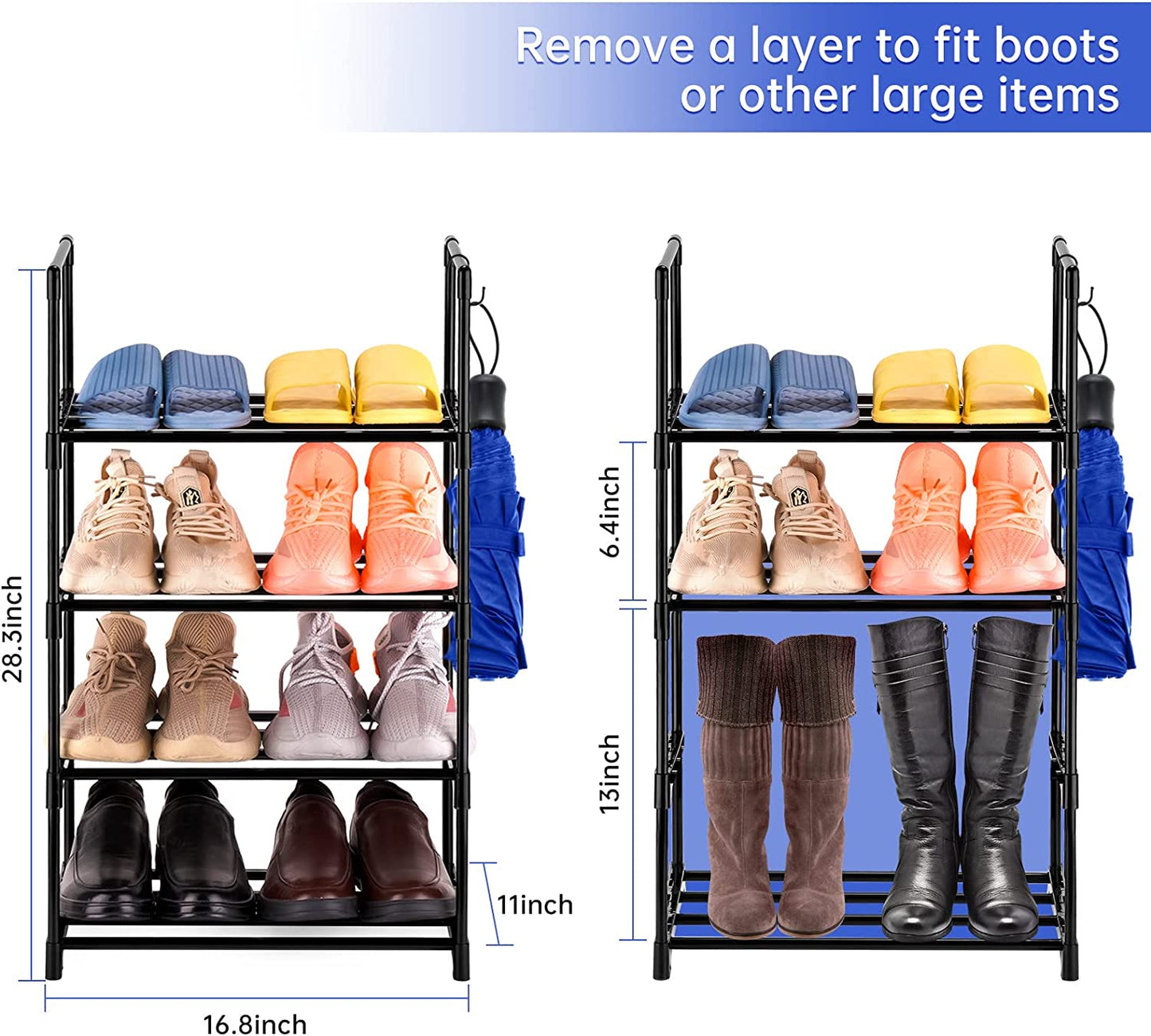 Shoe Rack 4-Tier Metal Storage Organizer Hooks Space Saving Hold 8 Pairs (Black)