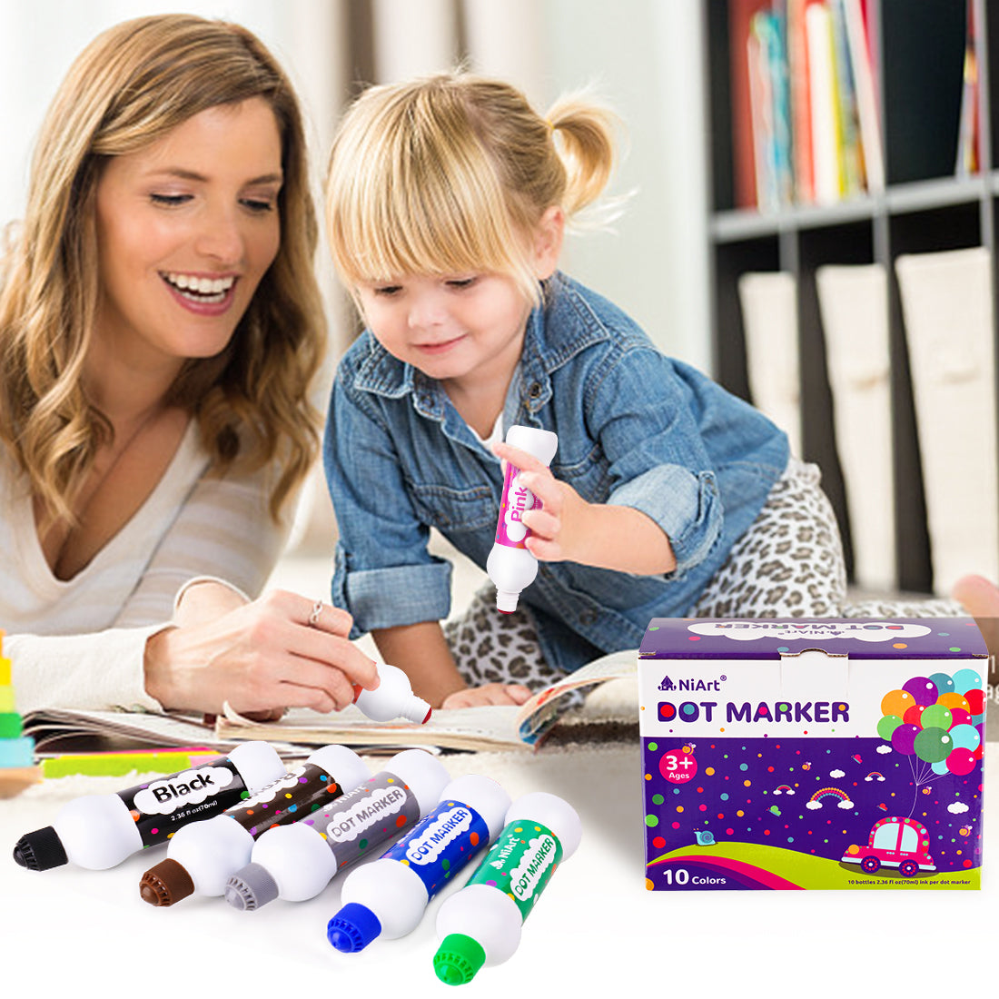 Dot Marker Set, 10 Colors Paint Marker (70 ml/2.36 oz) + 28 Pages Activity Boo