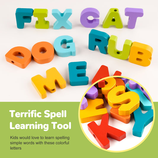 3-In-1 Wooden Alphabet Letter Block Learning Puzzle Whiteboard Lacing Toy