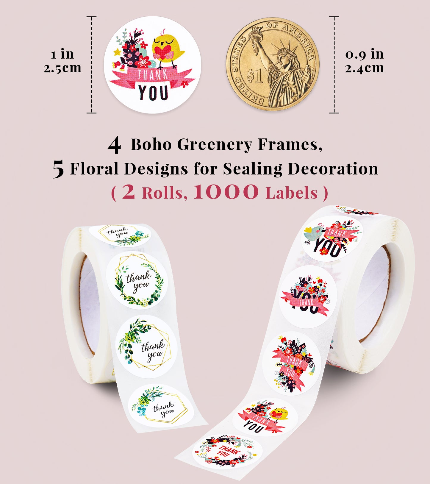 Thank You Stickers 1 Inch Round Self-Adhesive 1000 Labels 2 Rolls 4 Boho Green