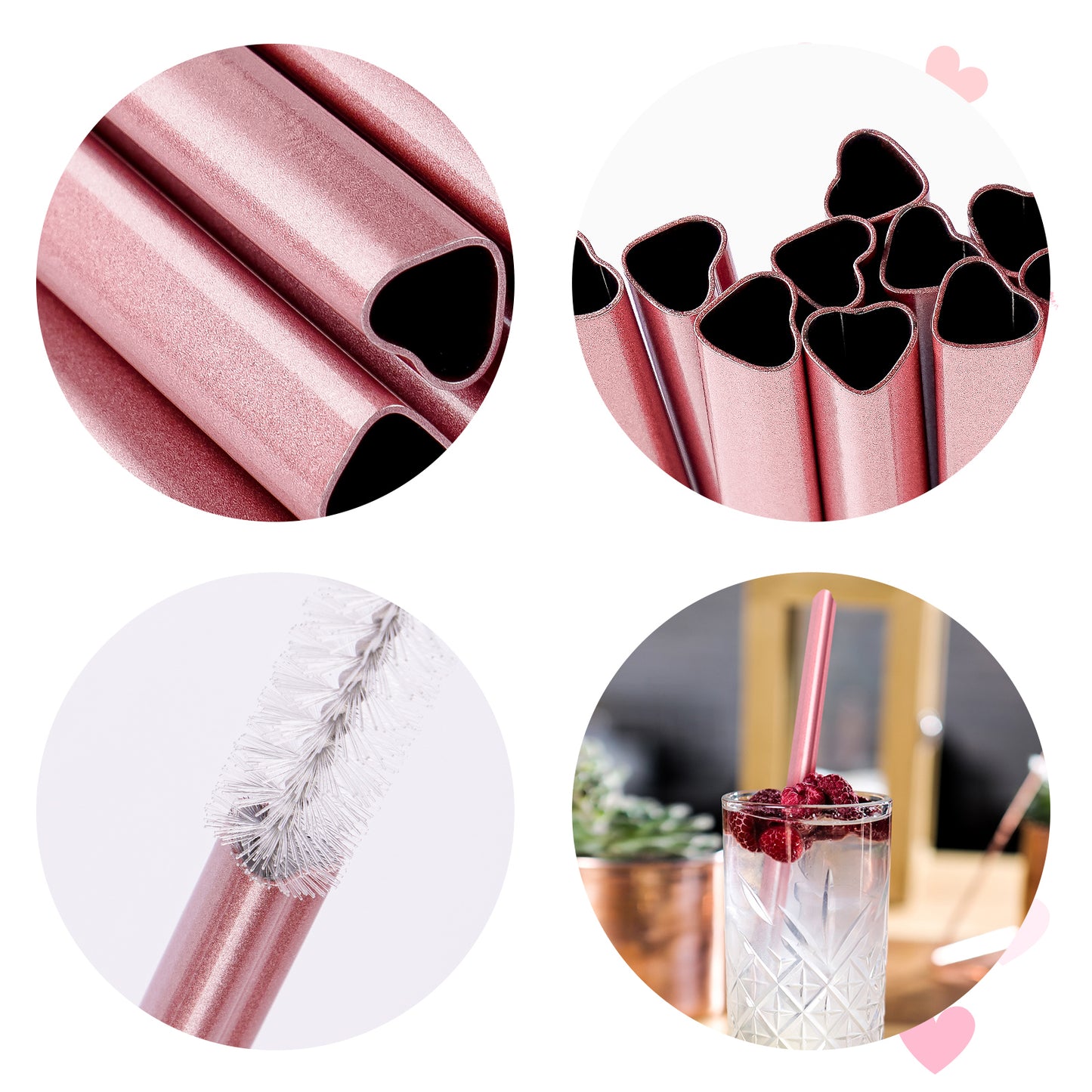 Reusable Straws 16 Pack, Stainless Steel Drinking Straws Heart Pearl Pink