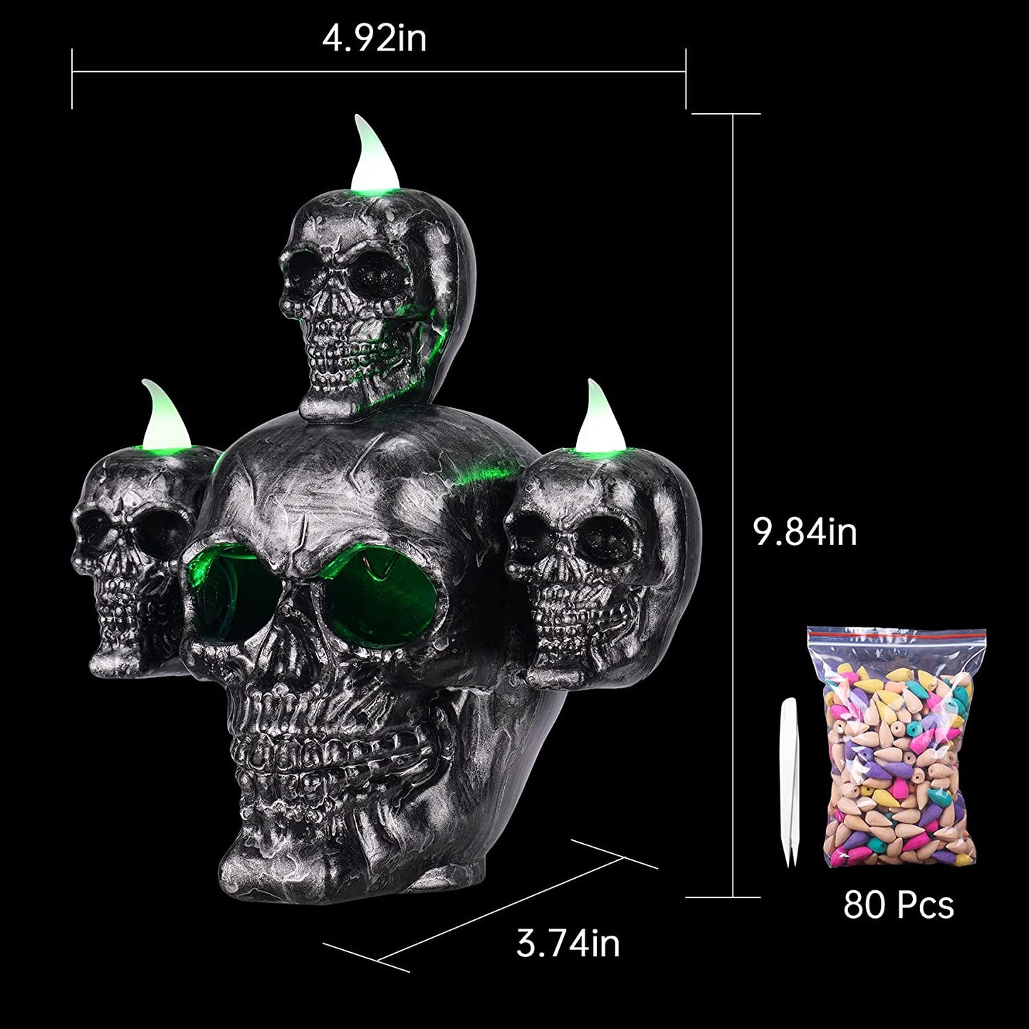 Halloween Light Up Skull Incense Holder+80PCS Backflow Incense Cones+Tweezer Kit