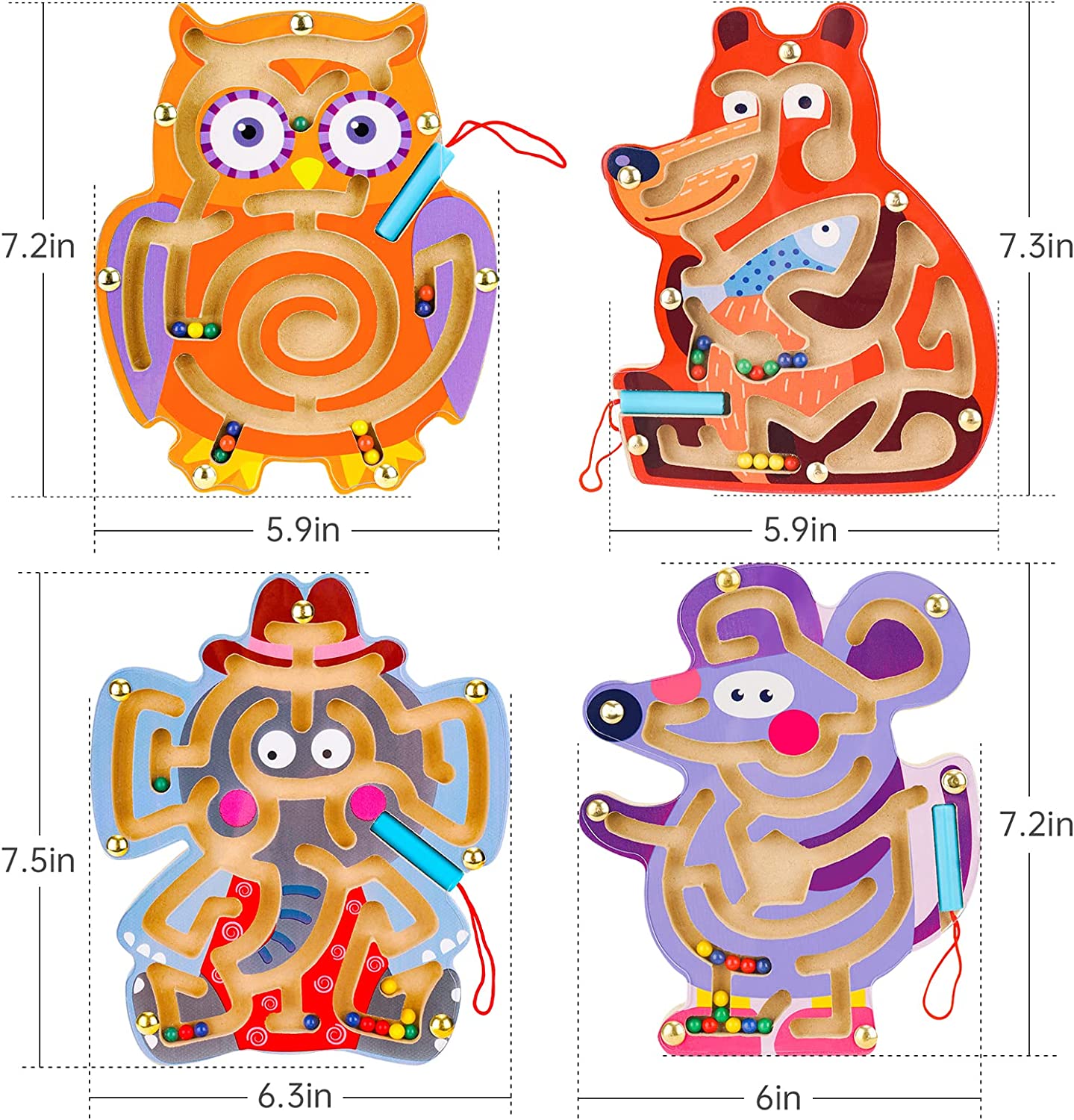 Wooden Magnetic Maze Toy 4PC 7''x8'' Animal Interactive Puzzle Game Board Kid 3+