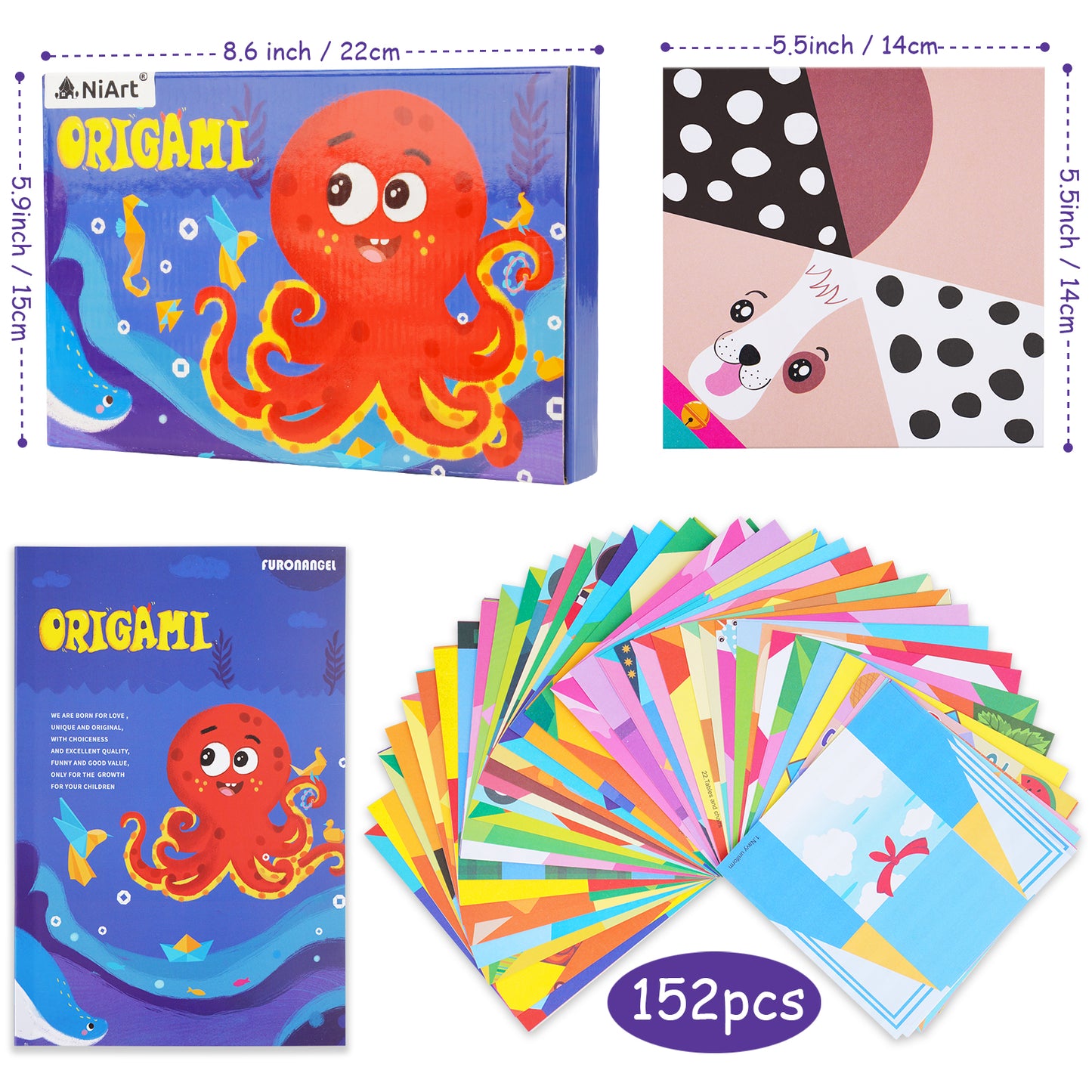 Origami Paper Kit 152 Sheets 72 Designs 5.5"x5.5" Double-Sided & Origami Book,