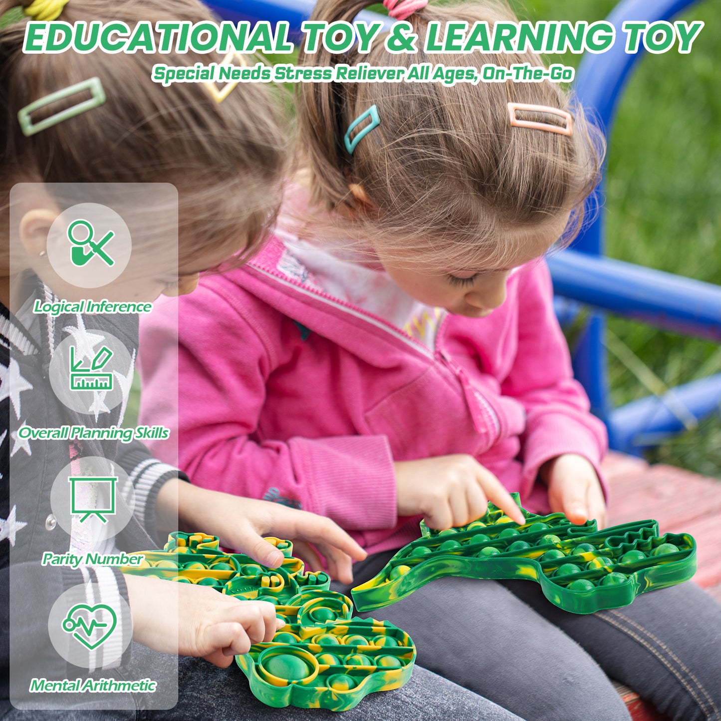 2-Pack Push Pop Bubble Fidget Sensory Toy Set Large Size Silicone Dinosaur Fid