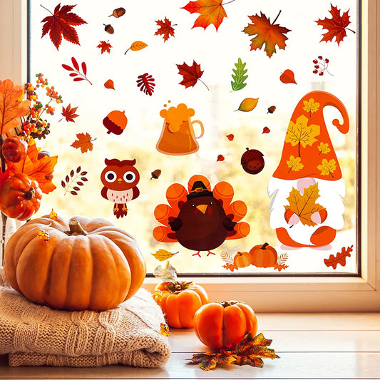 12 Sheets Christmas Static Window Cling 191PCS Thanksgiving Cartoon Window Gnome