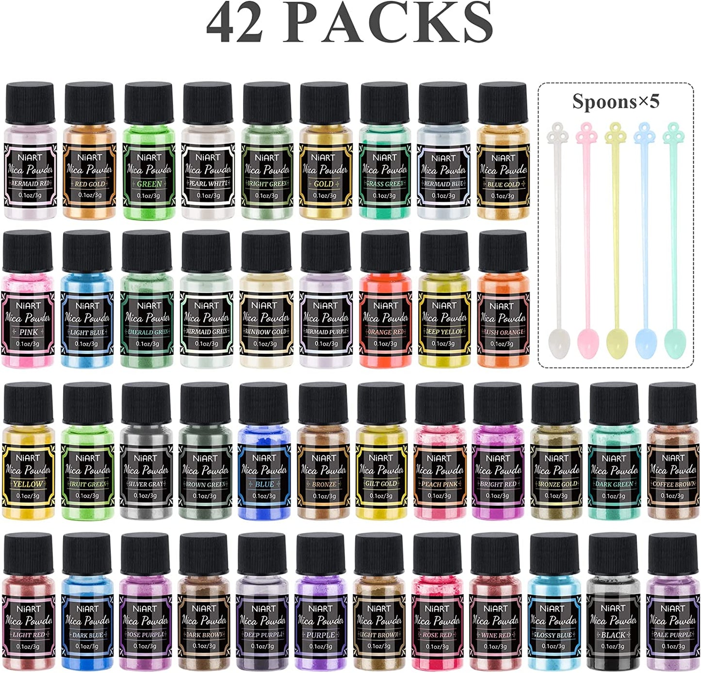 Mica Powder for Epoxy Resin 42 Colors 0.18oz/5g Jars Mica Glitter Powder Spoons