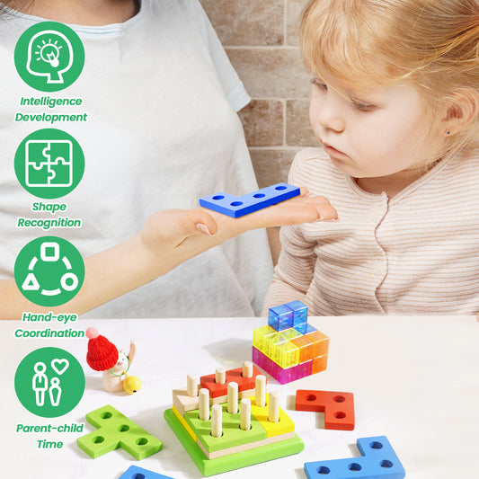 Wooden Sorting & Stacking Puzzle Toy for Kids 3+ Years Pegboard 3D STEM