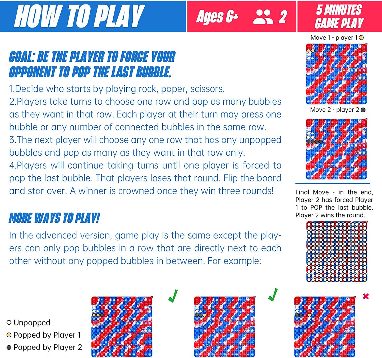 Silicone Bubble Push Popper Board Fidget Sensory Toy Big Size 11x11 225 Bubbles